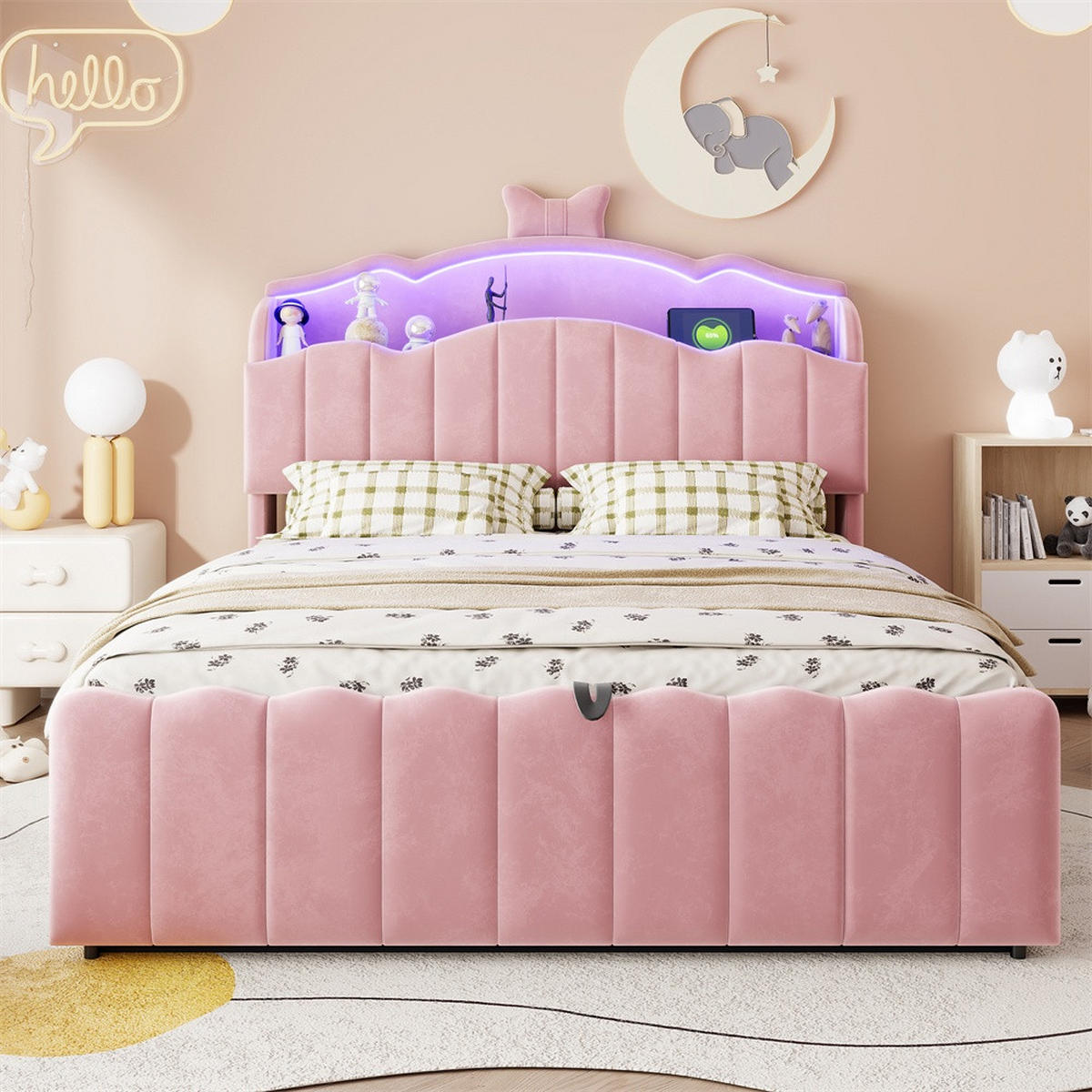 POLSTERBETT 140x200 cm mit hydraulischem Stauraum und LED Beleuchtung - 3USB - Anschlüsseund Typ-C - Rosa - Pink, Textil (140/200cm) - DELFA