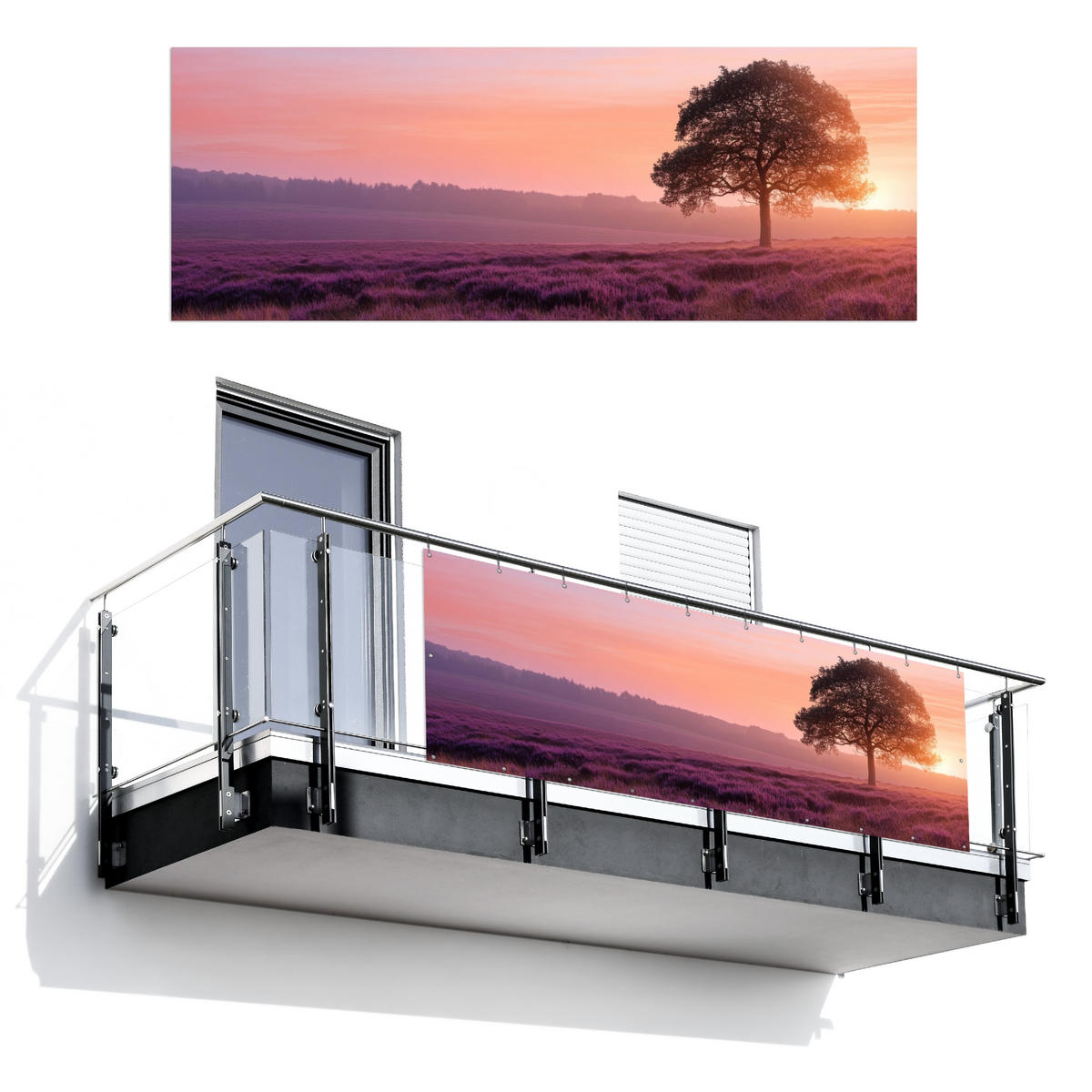 BALKON-SICHTSCHUTZ Baum - Heidekraut - Sonnenaufgang - Flieder, Kunststoff (300/110cm) - MuchoWow