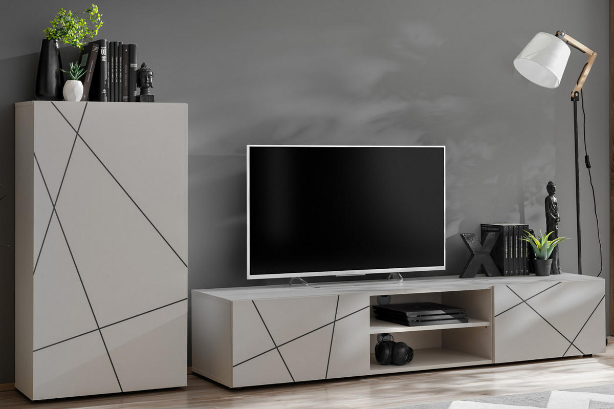 WOHNWAND Kaschmir, schwarz 180 cm, Schrankwand mit Streifendruck, Push-to-Open - Kaschmir/Schwarz, Holzwerkstoff/Kunststoff (180/180/45cm) - Furn.Design