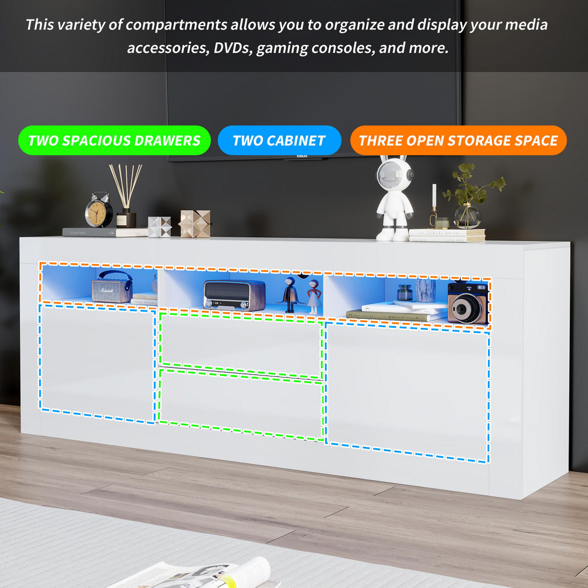 TV-SCHRANK Weiß 160/35/60 cm, Hochglanz, LED-Beleuchtung, Push-to-Open - Weiß, Holzwerkstoff (160/60/35cm) - PANGIVO
