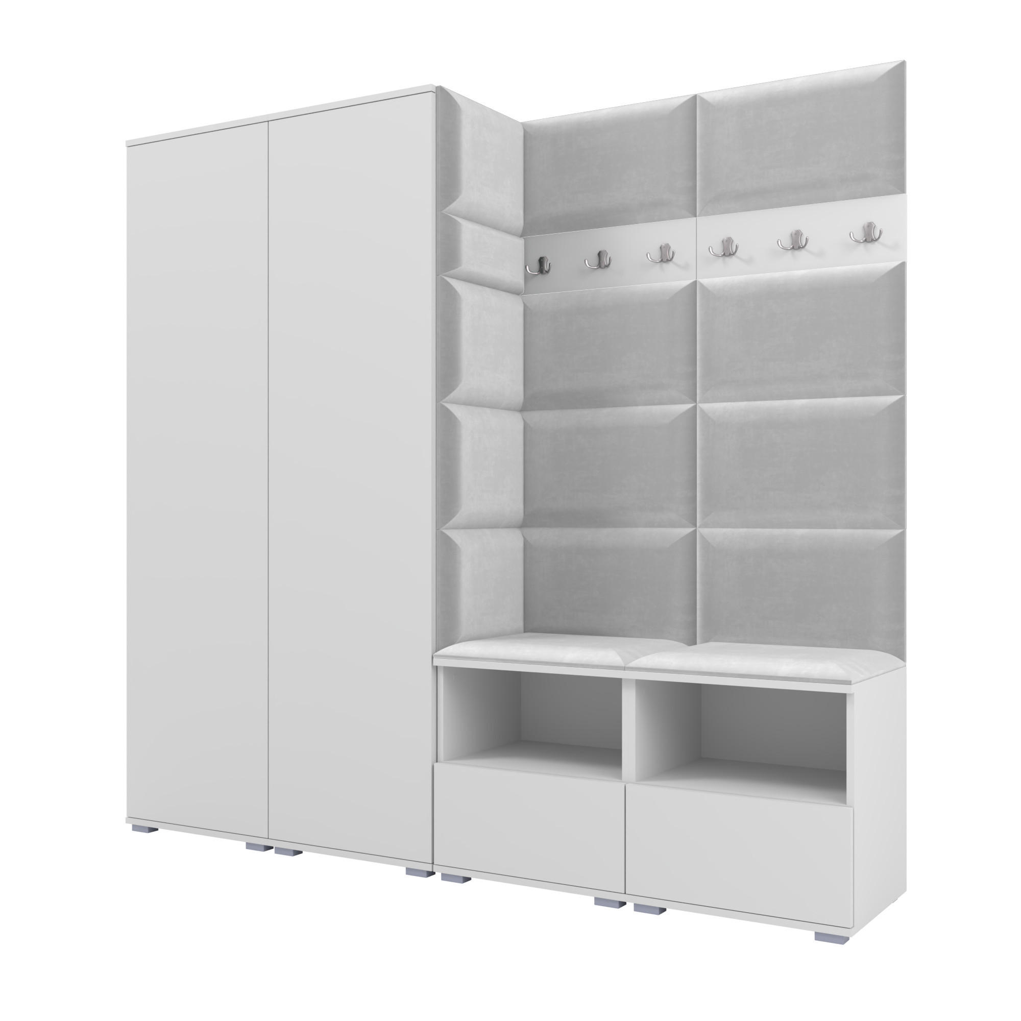 GARDEROBE NELA VI 200 cm (Kompaktgarderobe Weiß mit Sitzpolster Hellgrau 32 Schrank & Paneel) - Silberfarben/Hellgrau, Holz/Holzwerkstoff (200/187/40cm) - Ravio