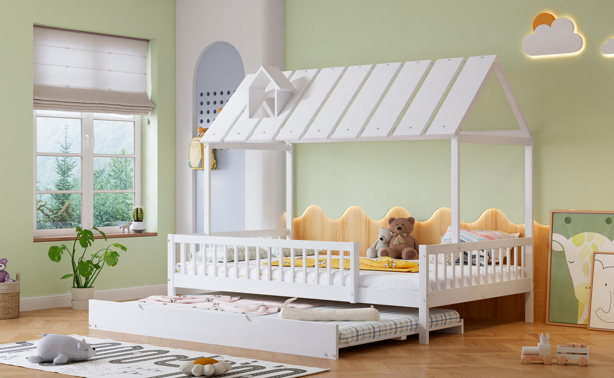 HAUSBETT aus Kiefer und MDF 120x200 cm Weiß mit Rollbett, 3-seitigem Gitter und Dach mit Kaminleiste - Weiß, Holzwerkstoff (120/200cm) - Modfu