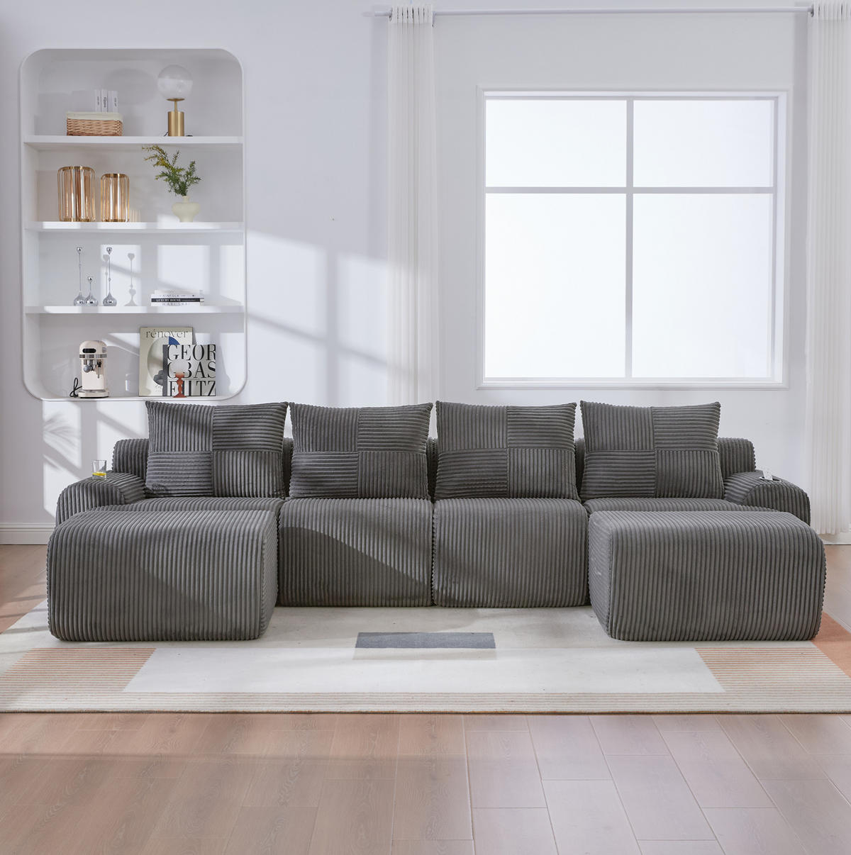 WOHNLANDSCHAFT Modulares 4-Sitzer Sofa 333/174/80 cm dunkelgrau aus Cord mit Getränkehalter und Aufbewahrungstasche - Dunkelgrau, Textil (174/80/333cm) - Modenvie