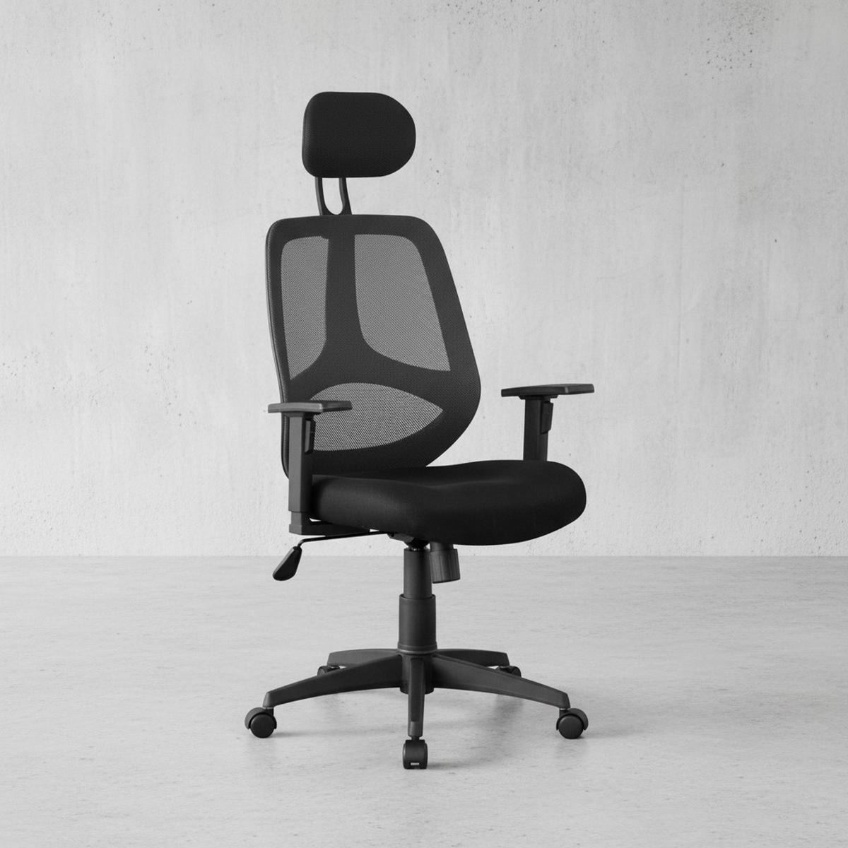 BÜRODREHSTUHL Schwarz Netz mit verstellbarer Kopfstütze, Armlehnen und 120 kg Belastbarkeit KOMFORTABEL - Schwarz, Textil (61/127/57cm) - KADIMA DESIGN