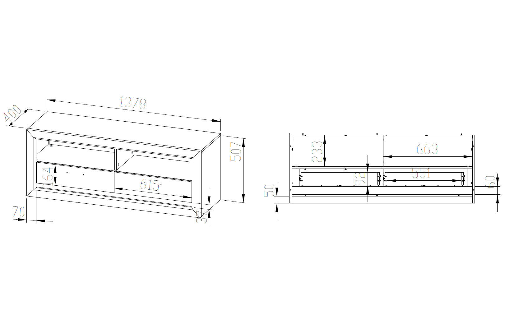 Thumbnail - Feldmann-Wohnen Lowboard, Eiche, Schwarz, Holz, 2 Schubladen, Rechteckig, 147x55x43 cm, Wohnzimmer, Wohnwände, Lowboards...