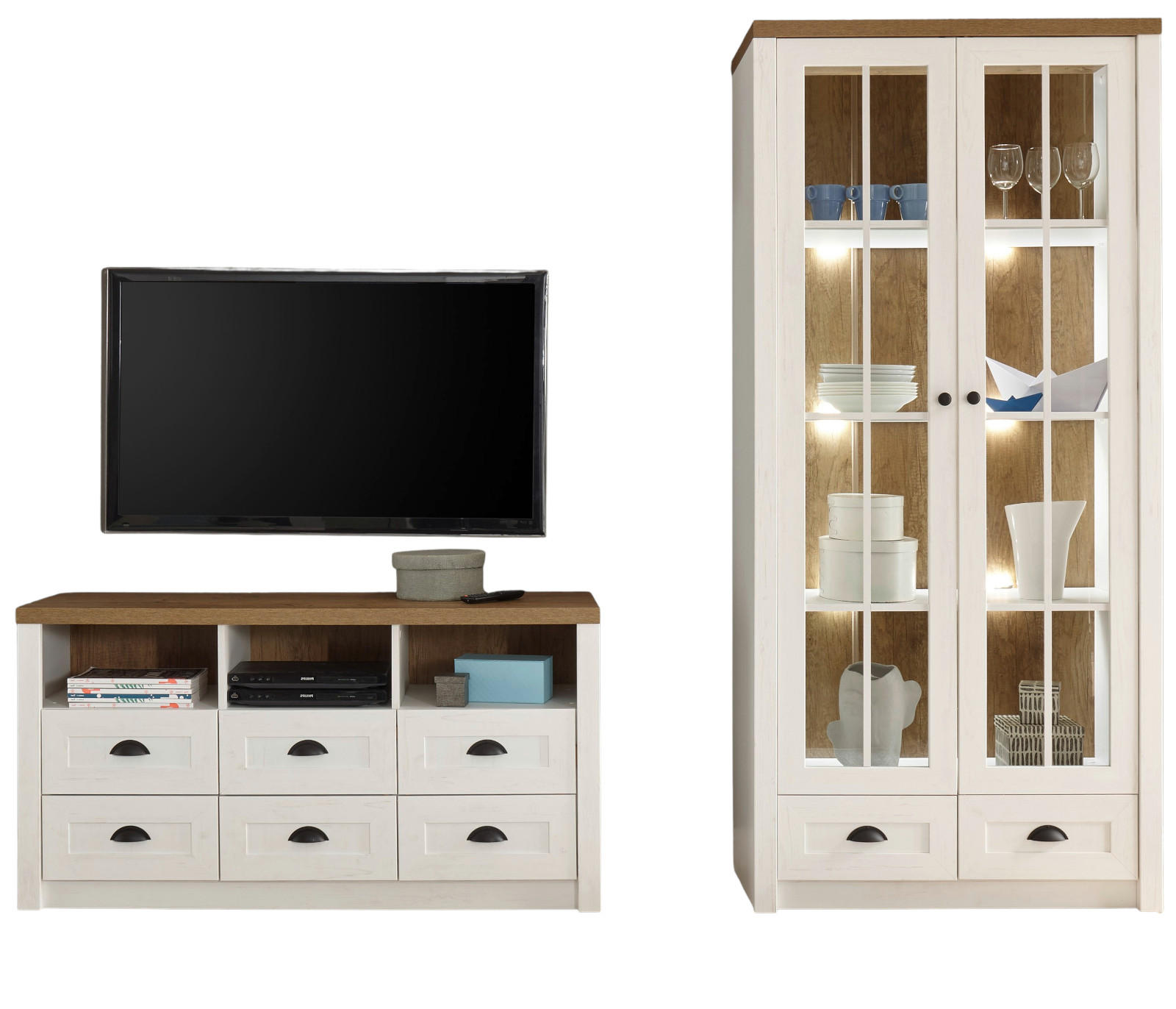 WOHNWAND weiß Pinie, Eiche hell Landhaus, Wohnkombination 2-teilig 240 x 198 cm - Eichefarben/Schwarz, Holzwerkstoff/Metall (240/198/43cm) - Furn.Design