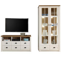 WOHNWAND weiß Pinie, Eiche hell Landhaus, Wohnkombination 2-teilig 240 x 198 cm - Eichefarben/Schwarz, Holzwerkstoff/Metall (240/198/43cm) - Furn.Design