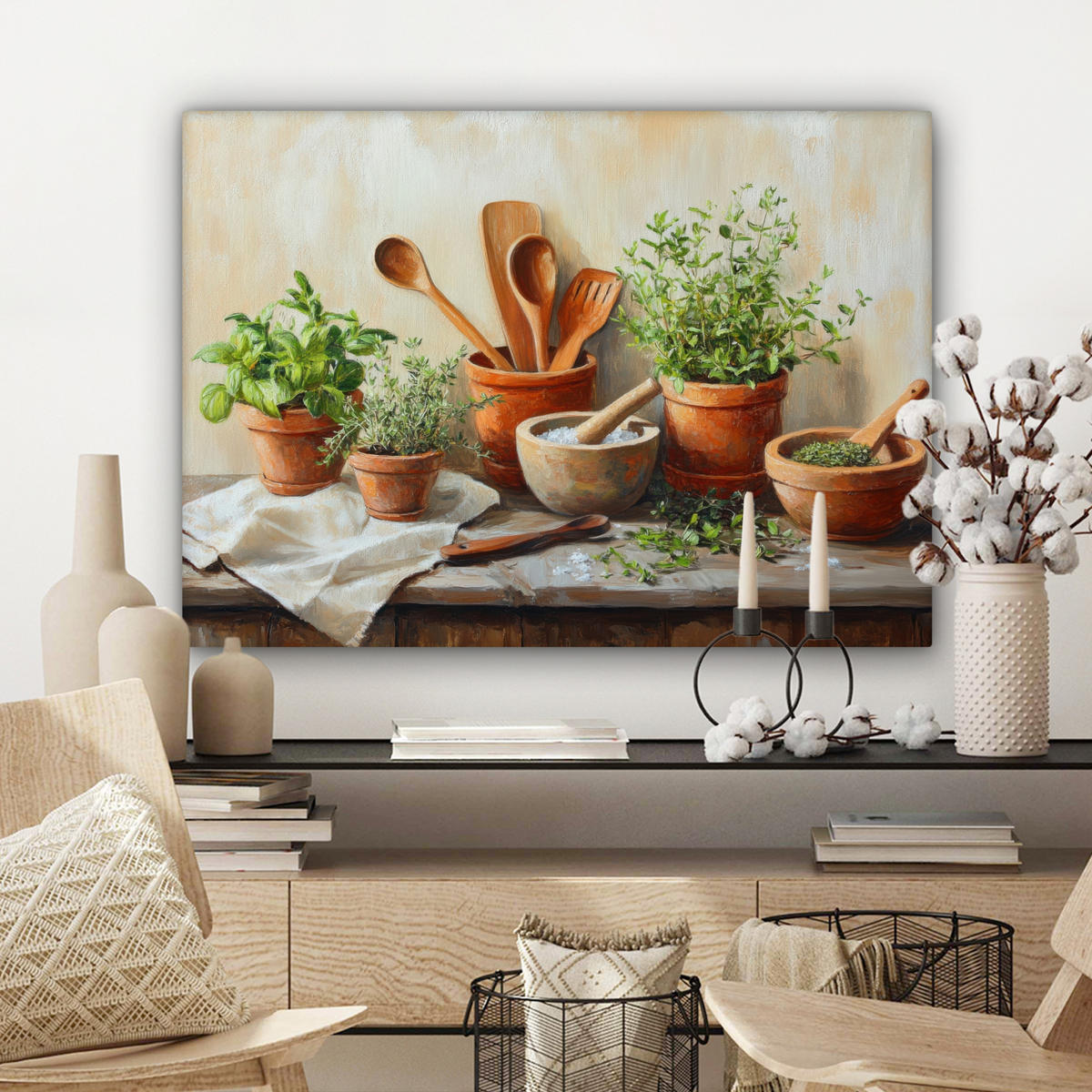 LEINWANDBILD Töpfe - Kräuter - Holz Wandbilder 80x60 cm - Terracotta, Textil (80/60cm) - MuchoWow