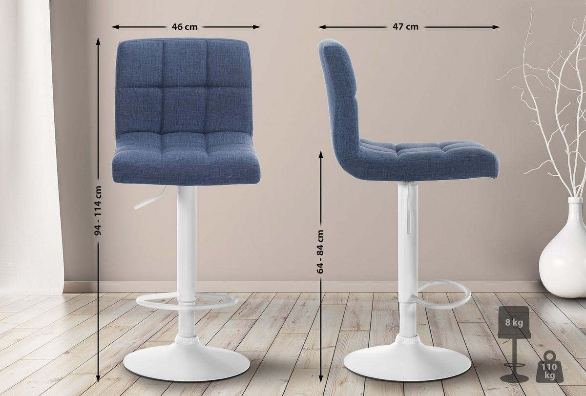 BARHOCKER Cala Stoff weiß blau - Blau/Weiß, Textil/Metall (46/114/47cm) - TPFLiving