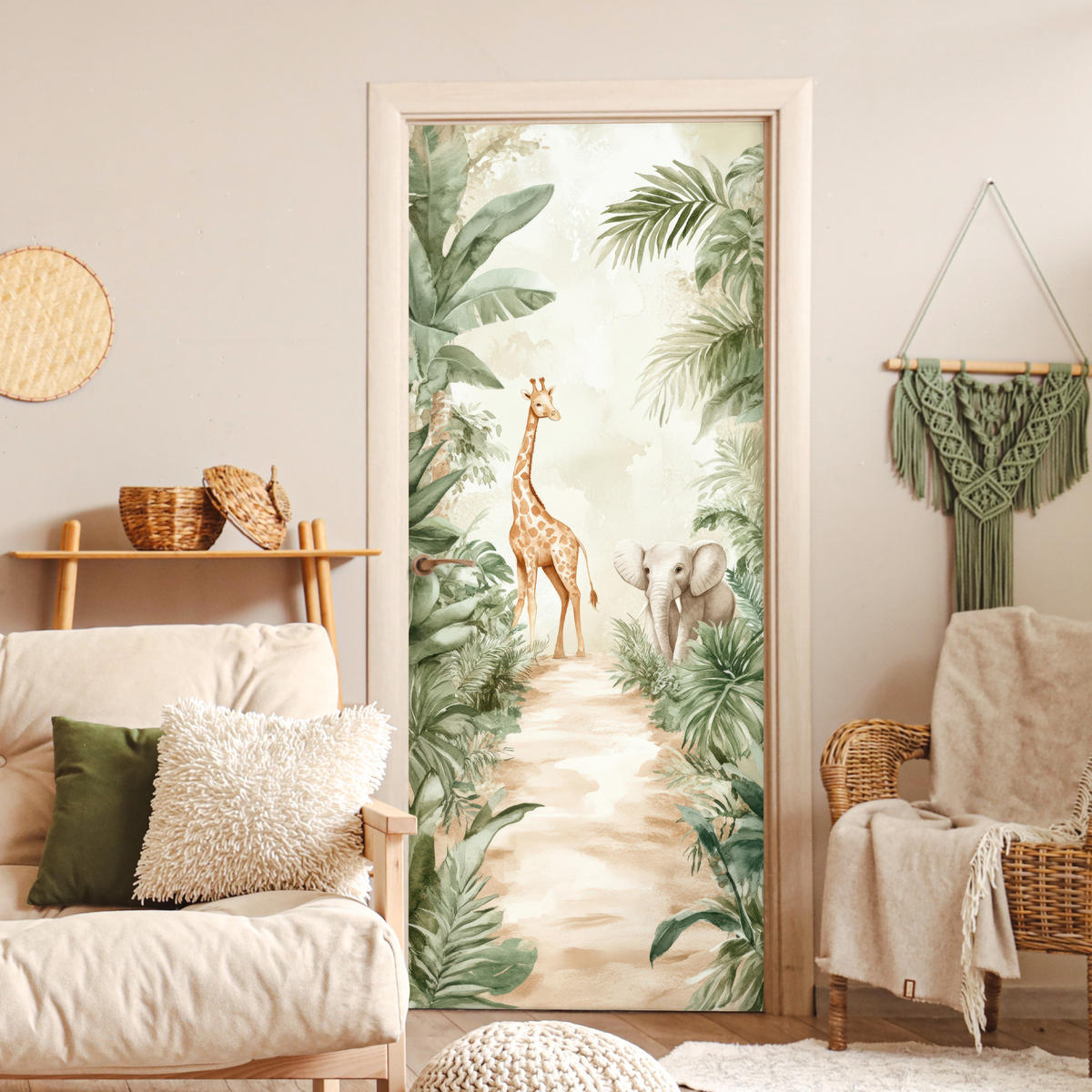 FOTOTAPETE Tür - Dschungel - Giraffe - Elefant - Grün - Natur 95x215 cm - Eukalyptusholzfarben, Kunststoff (95/0.1cm) - MuchoWow