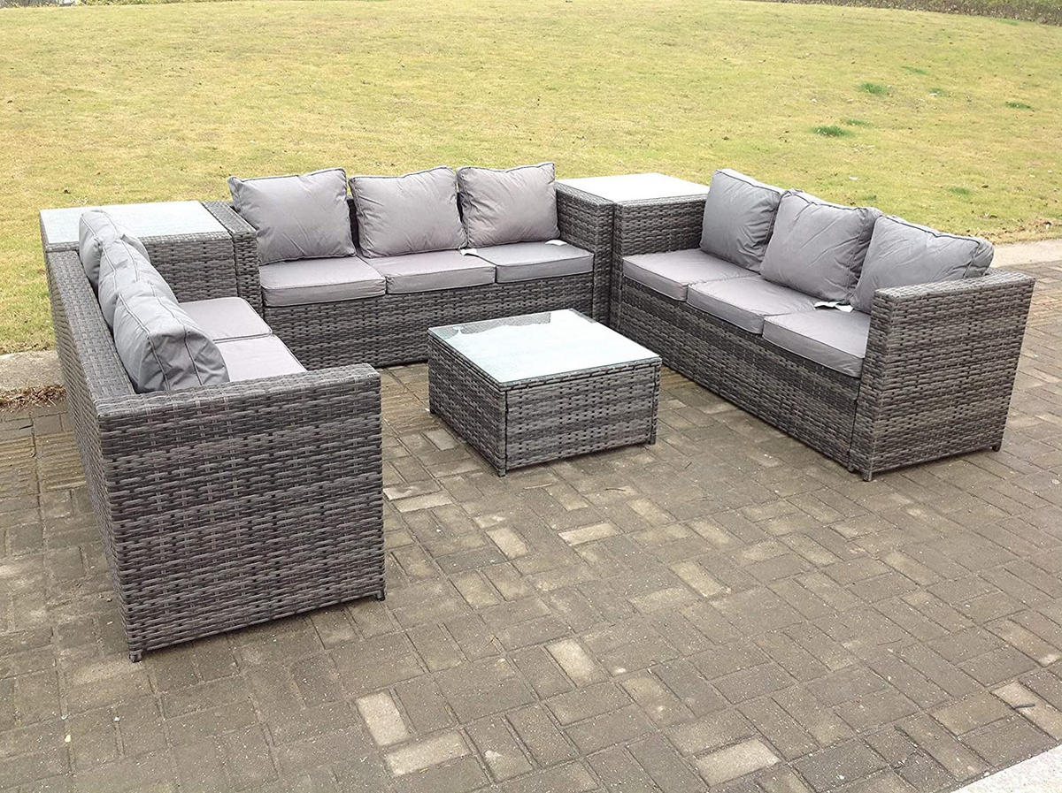 GARTENMÖBELSET mit Couchtisch Polyrattan 9-Sitzer - Dunkelgrau/Grau, Glas/Kunststoff - Fimous