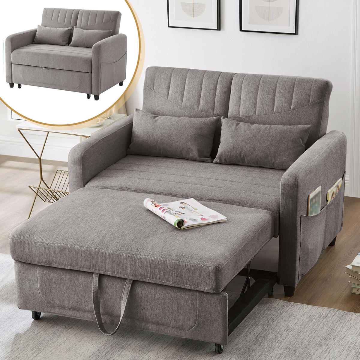 SOFA Zweisitzer mit Schlaffunktion ausziehbar Grau Baumwoll-Leinen 210/90/45 cm - Grau, Kunststoff (114/82.5/77cm) - OKWISH