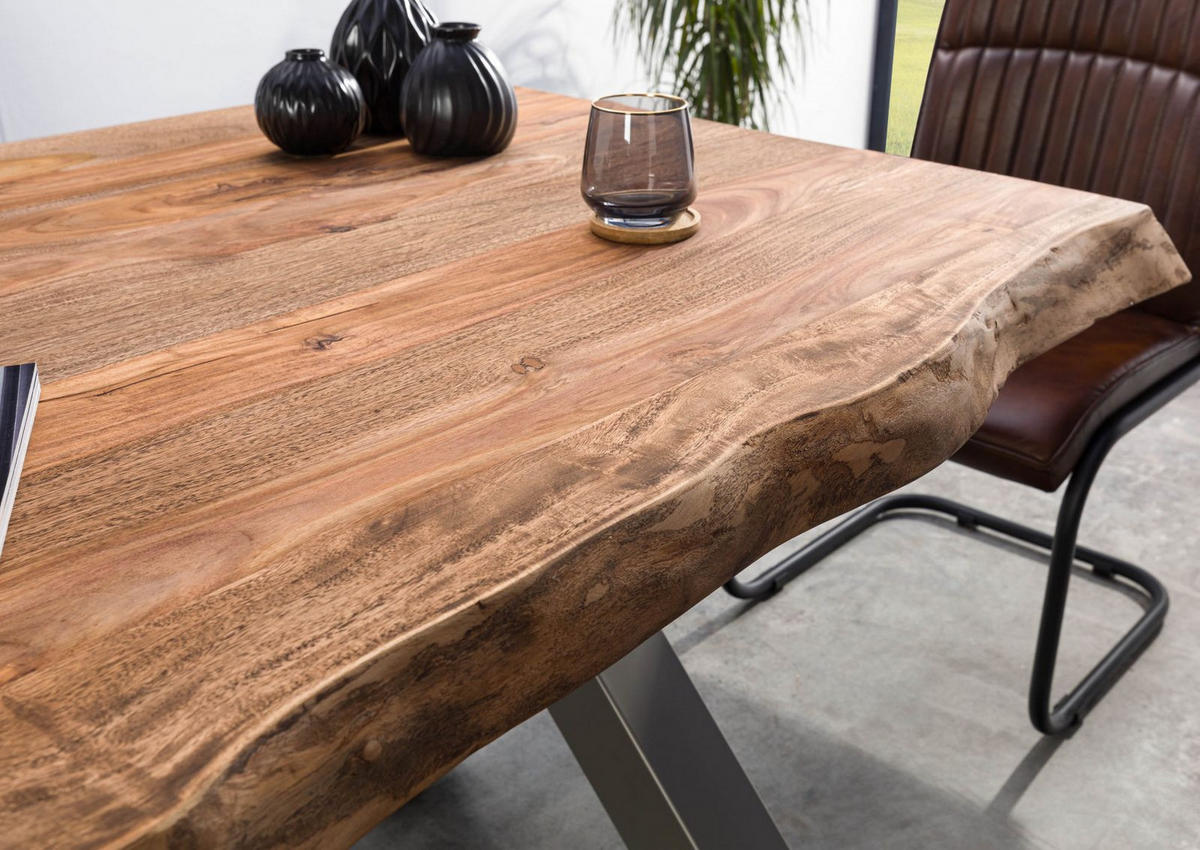 BAUMTISCH Sheesham 140x90x77 grau gebeizt / X-Beine silber matt FREEFORM 5 - Silberfarben/Grau, Holz (140/90/77cm) - Massivmoebel24