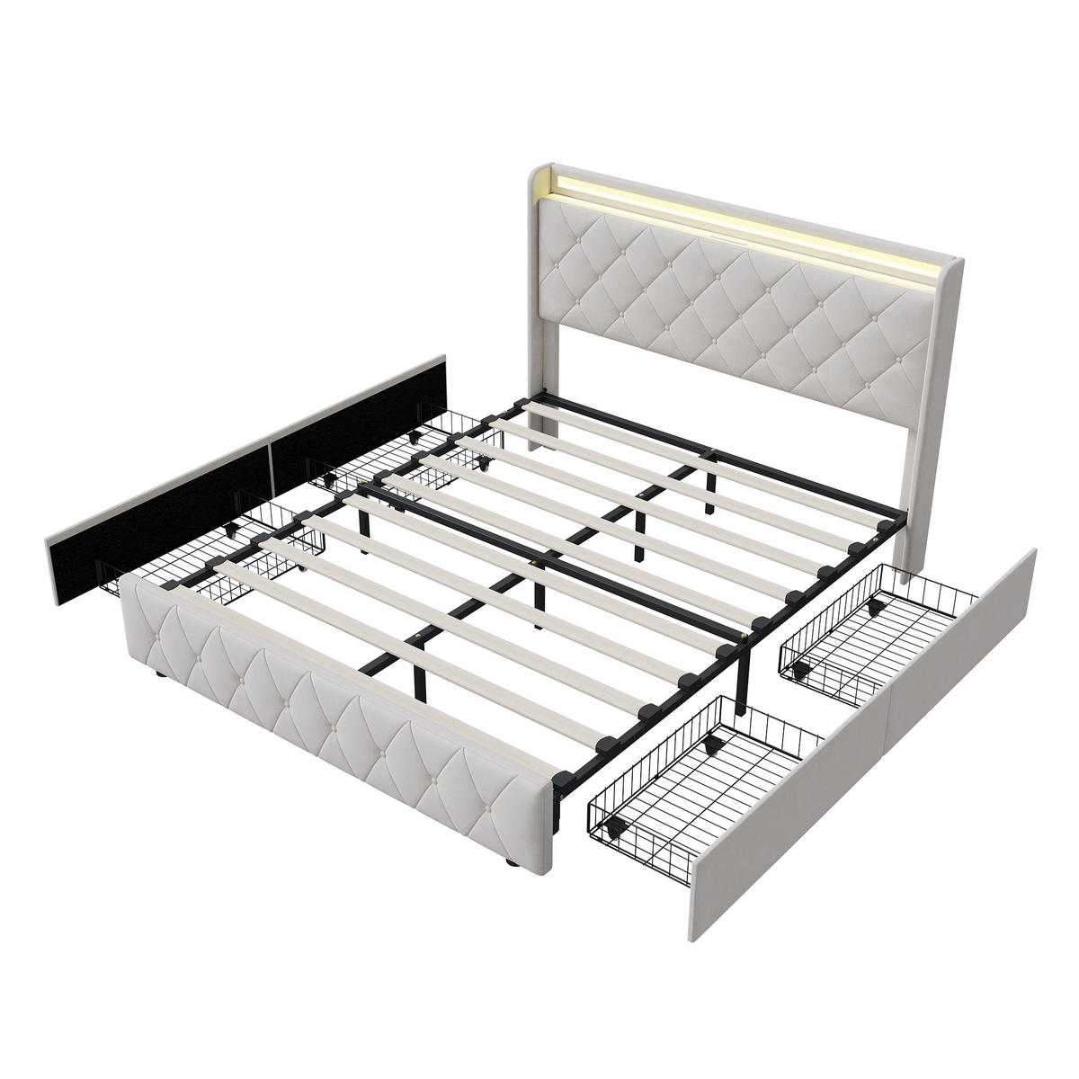 POLSTERBETT 160x200 cm mit 4 Schubladen, LED, USB & Type-C, Doppelbett Kopfteil und Lattenrost, Beige - Beige, Metall (160/200cm) - EuroLiving