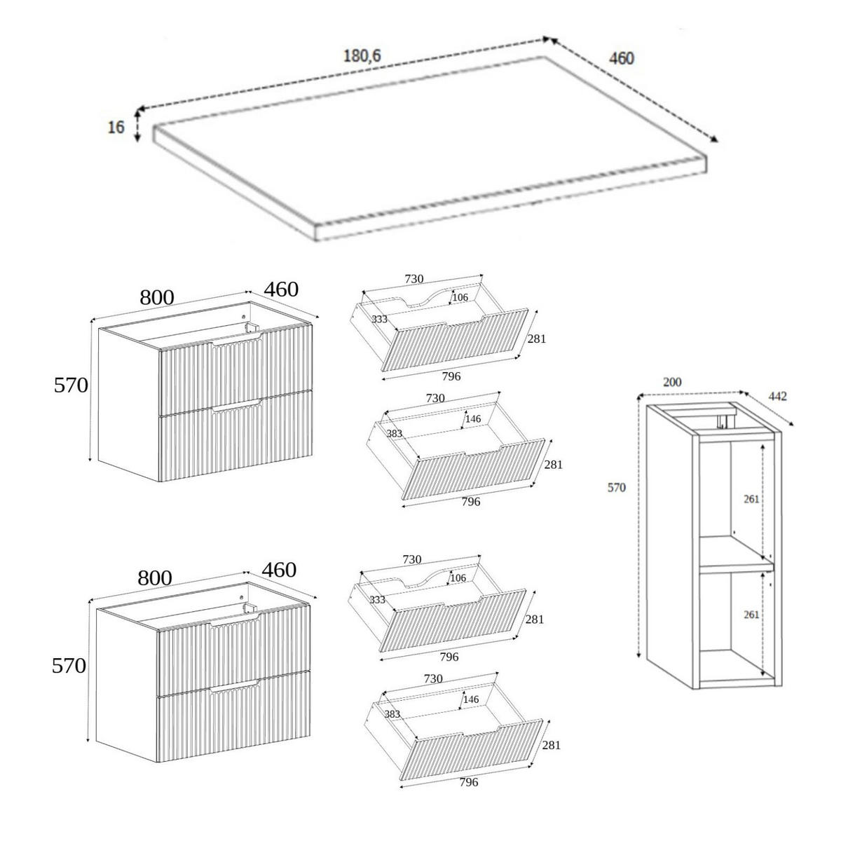 BADEZIMMERSCHRANK : Eiche Craft / Weiß, 180 (2 x 80 + 20) x 58,6 x 46 cm - Braun/Weiß, Holzwerkstoff (180/58.6/46cm) - 3XE LIVING