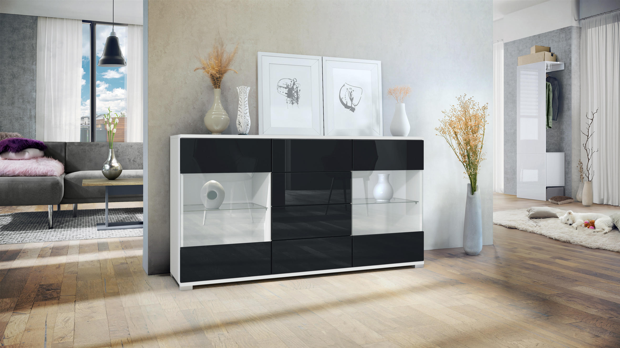 SIDEBOARD Bari Schwarz Hochglanz - Schwarz Hochglanz, Holzwerkstoff (138.5/75.5/35cm) - Vladon
