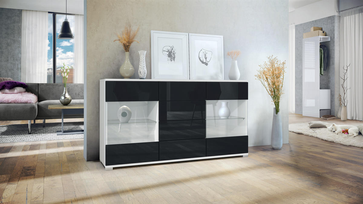 SIDEBOARD Bari Schwarz Hochglanz - Schwarz Hochglanz, Holzwerkstoff (138.5/75.5/35cm) - Vladon