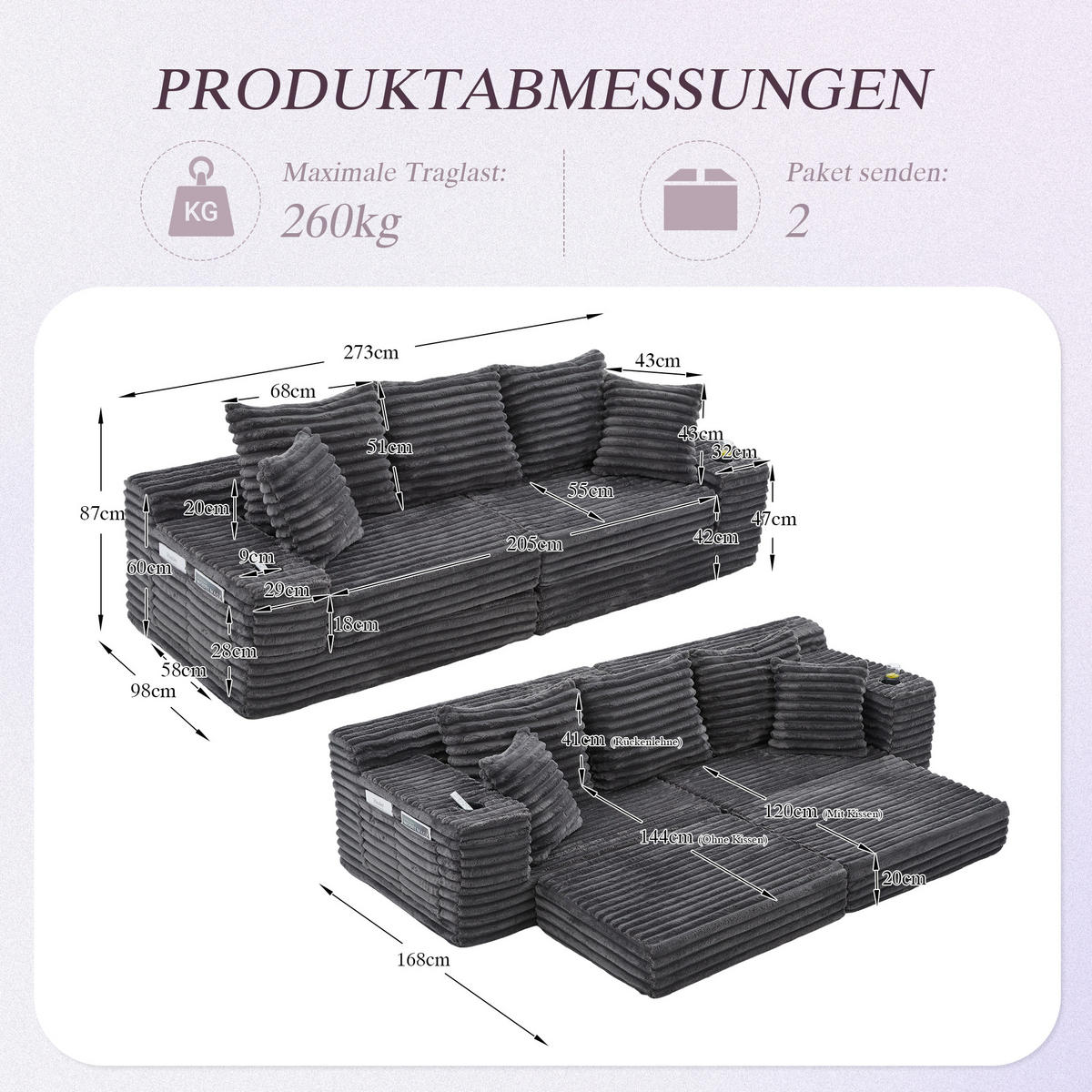 SCHLAFSOFA 273/98/87 cm Dunkelgrau mit beidseitigen Taschen und Getränkehaltern - Dunkelgrau, Textil (107.48/34.25/38.58cm) - Oxeza