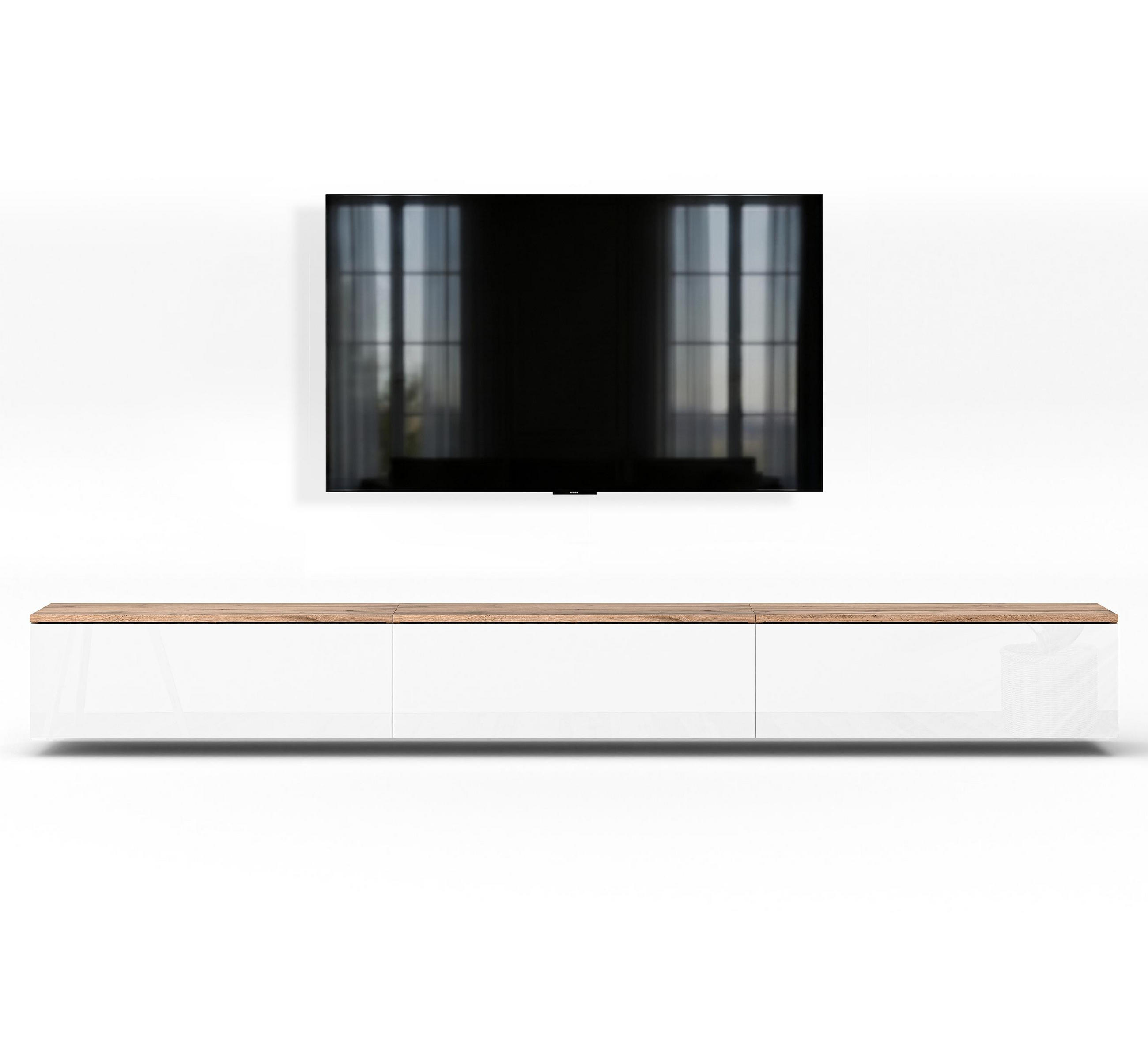 LOWBOARD Barvo 3x100 Eiche Wotan / Weiß Hochglanz 300/34/32 cm – hängendes TV-Board - Braun/Weiß, Holzwerkstoff (300/34/32cm) - AX Living