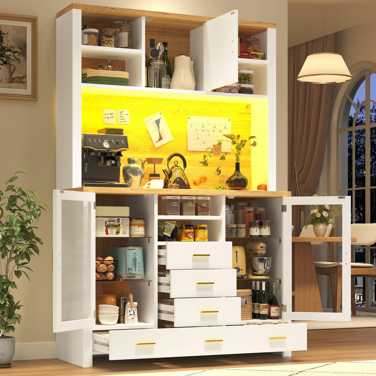 BUFFET 120/180/40 cm Weiß mit Holzdekor aus MDF und Glas mit LED-Lichtleiste - Weiß, Holzwerkstoff (40/188/120cm) - OKMYHOME