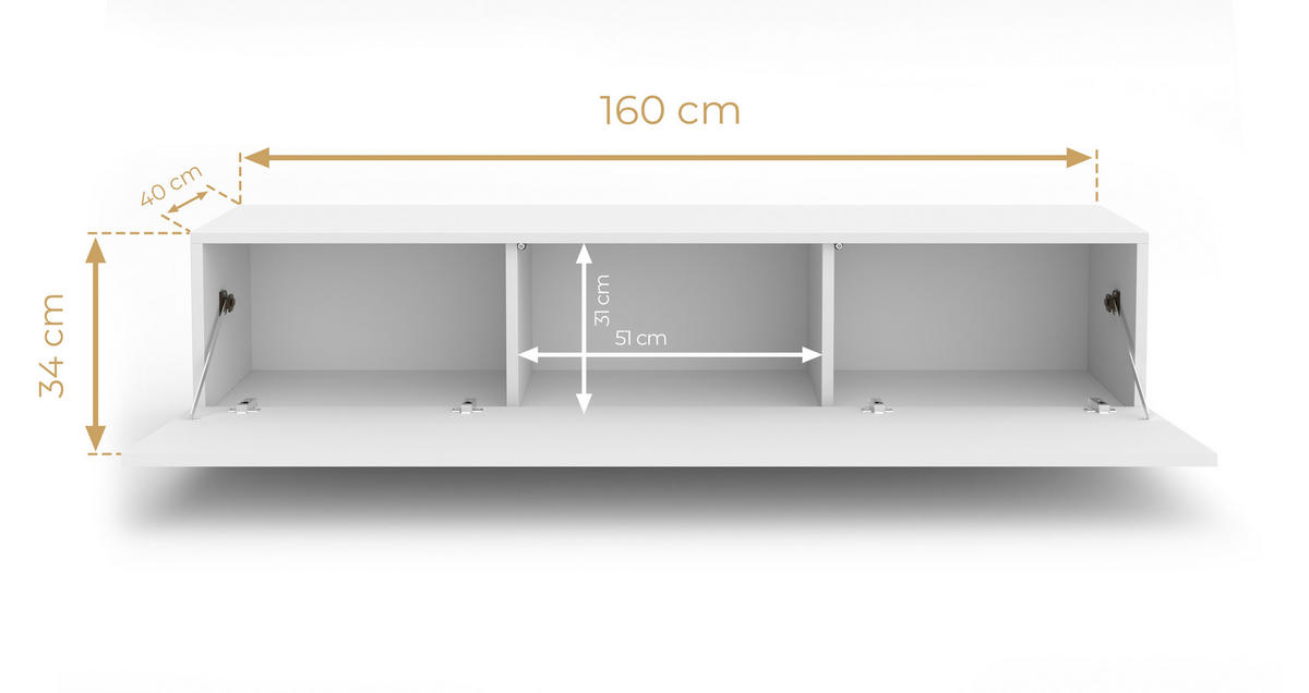 LOWBOARD ZIVOLLI 160 Weiß, Weiße Lamellen 160/34/40 cm – TV-Hängeschrank mit Lamellenfront - Weiß, Holzwerkstoff/Kunststoff (160/34/40cm) - AX Living