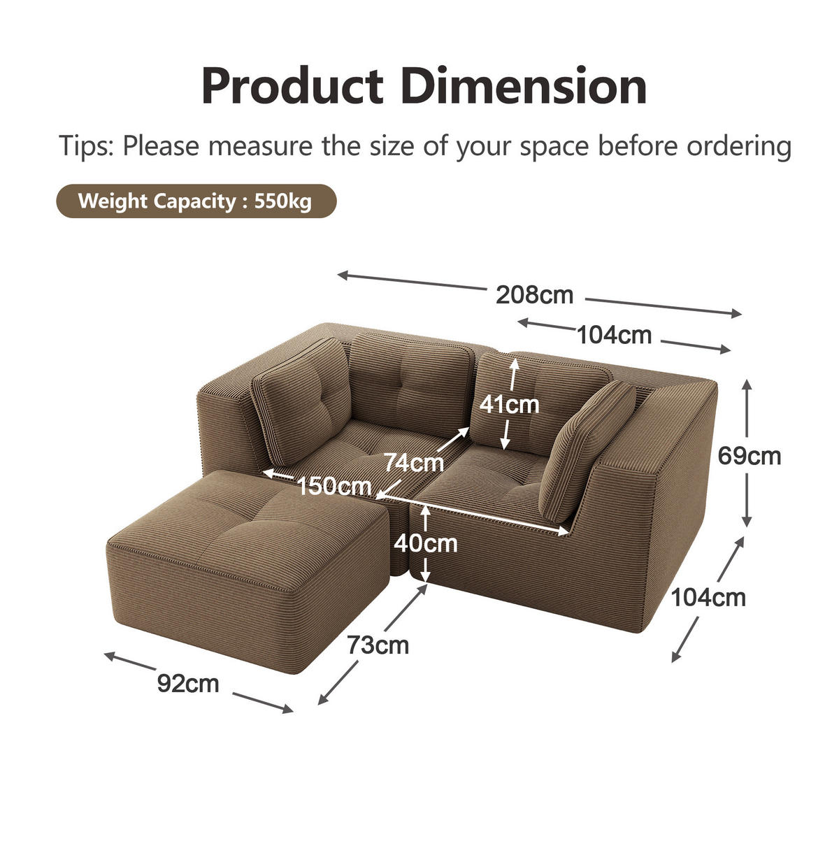 ECKSOFA modular als Zweisitzer Cord Brown 2 Pakete - Braun, Kunststoff (177/208cm) - Meubliv