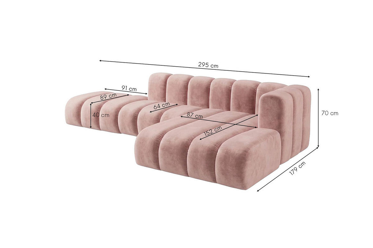 ECKSOFA Modulares In L-Form Mit Hocker, Velvet-Stoff Riviera, Hellrosa, Rechts, GRAND Mini - Hellrosa, Holz (295/179cm) - Kaiser Möbel
