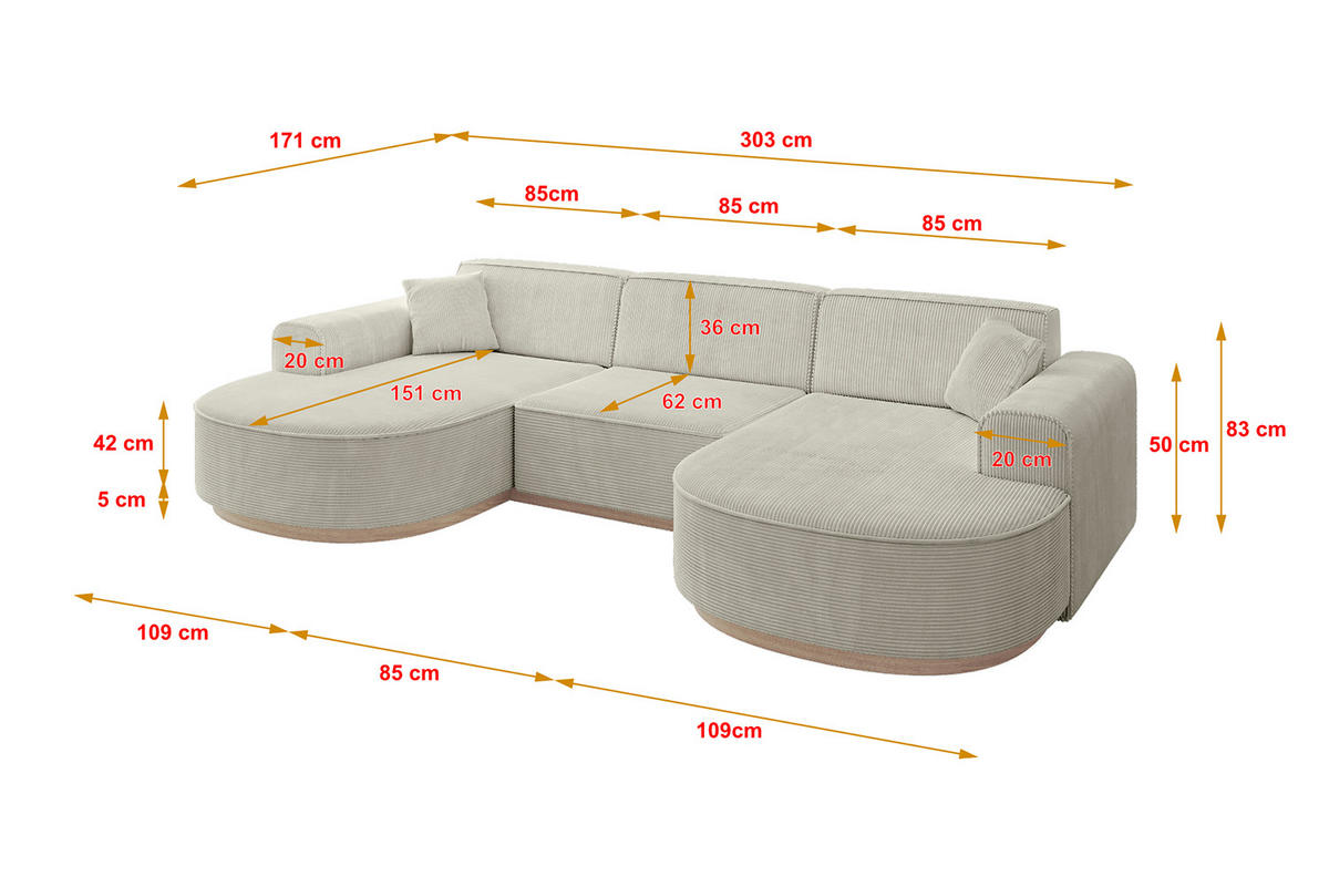 WOHNLANDSCHAFT MARI-U1-v1 - 303x171x83 cm Creme Cord - Hellgrau/Creme, Holzwerkstoff/Textil (303/83/171cm) - ALTDECOR