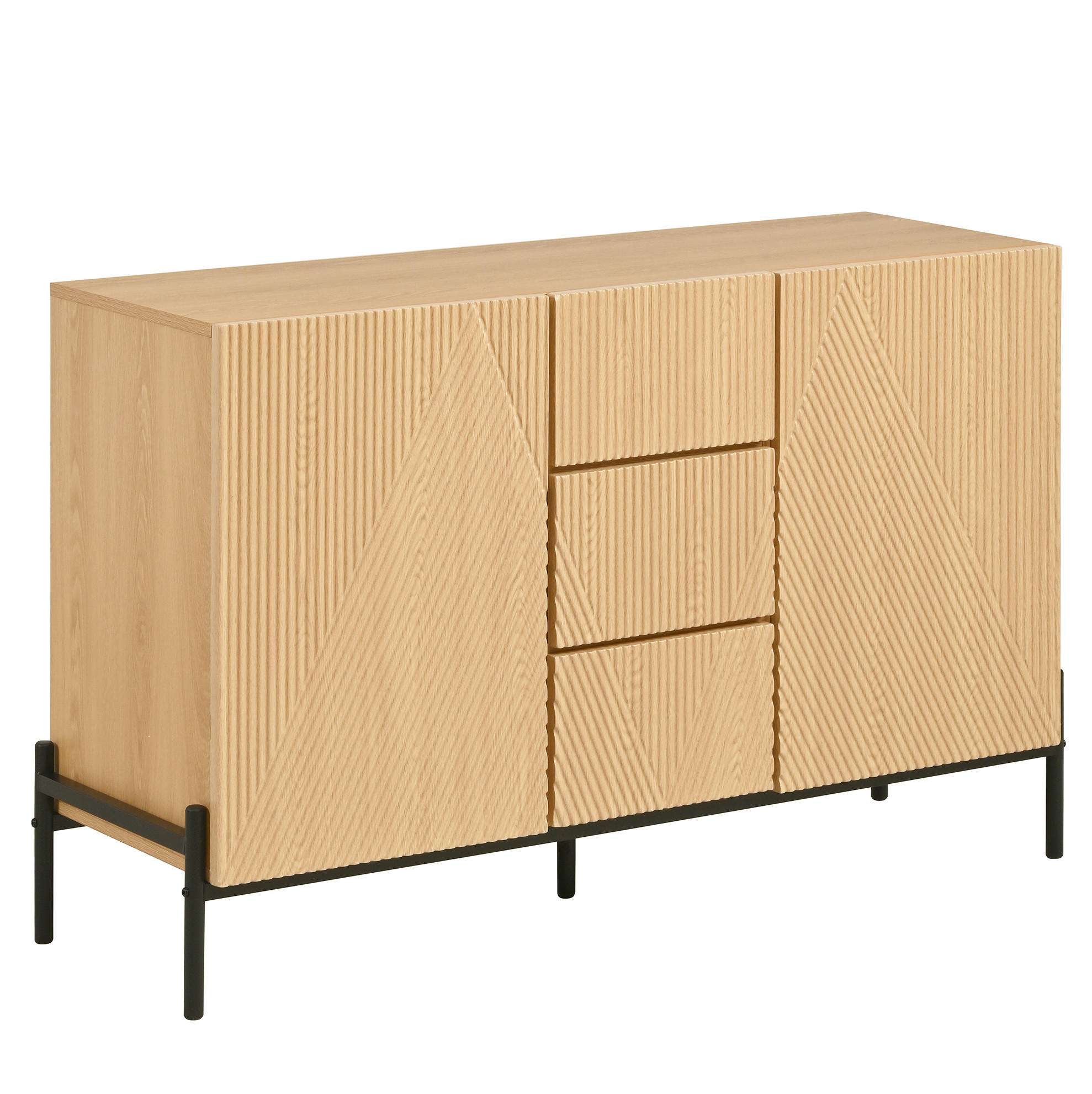 KOMODA od MDF-a 115,5x40x76 cm prirodna s dvokrilnim vratima, 3 ladice i geometrijskim frontama - prirodne boje, drvni materijal (115.5/76/40cm) - Modfu