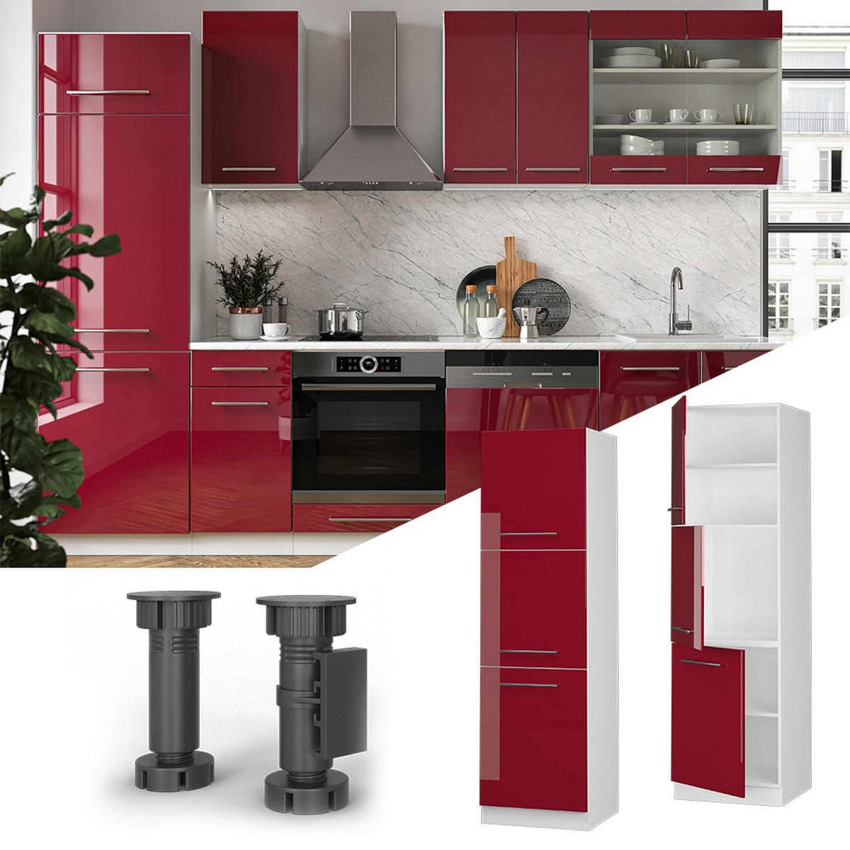 VORRATSSCHRANK Fame-Line, Bordeaux Hochglanz/Weiß, 60 cm - Bordeaux/Weiß, Holzwerkstoff (60/206.8/58.1cm) - Vicco