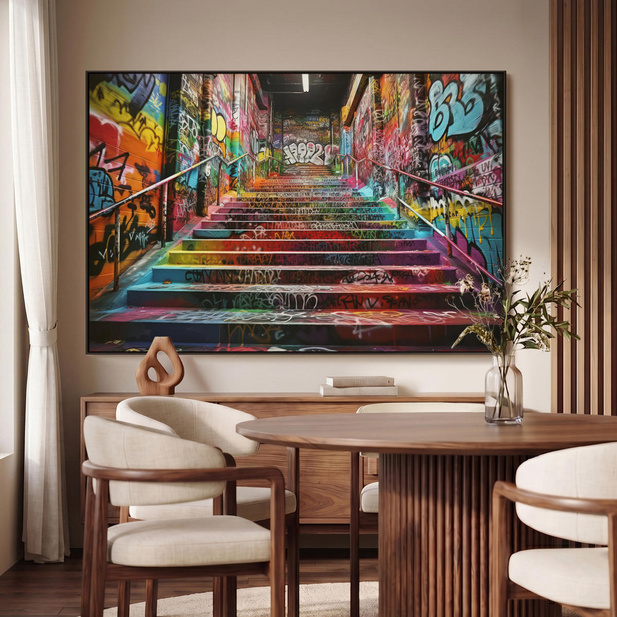 LEINWAND Bilder mit Rahmen - Treppe - Graffiti - Farben - Kunst - 150x100 - Multicolor, Textil (150/100cm) - MuchoWow