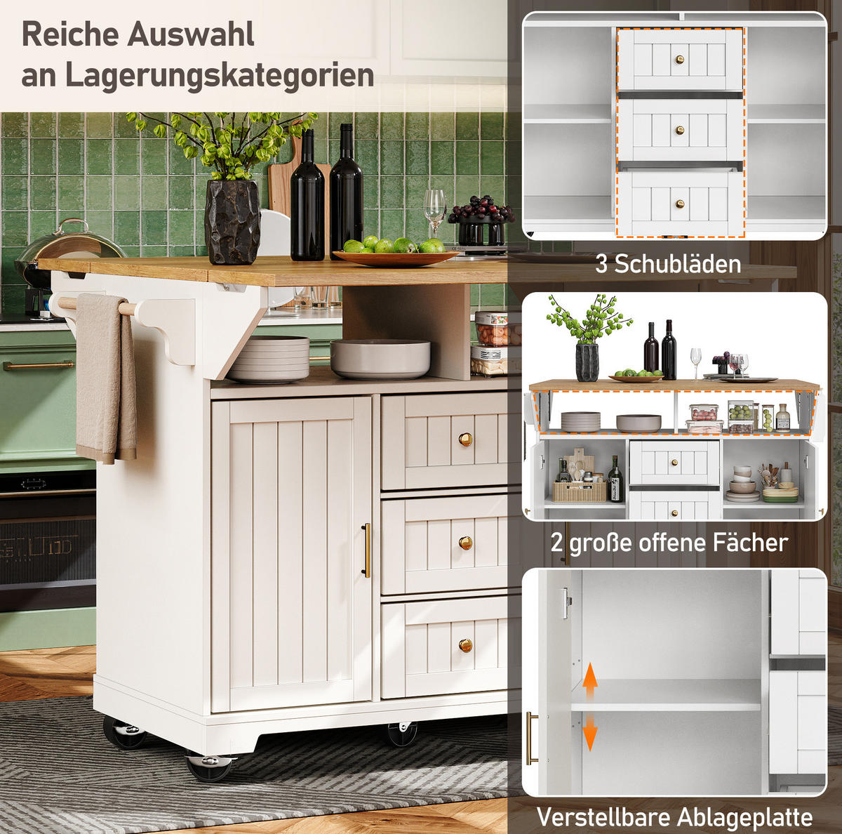 KÜCHENINSEL 120/40-80/95 cm in Weiß mit Klappplatte, Rollen und viel Stauraum - Weiß, Holzwerkstoff (120/95/80cm) - Flora Grace
