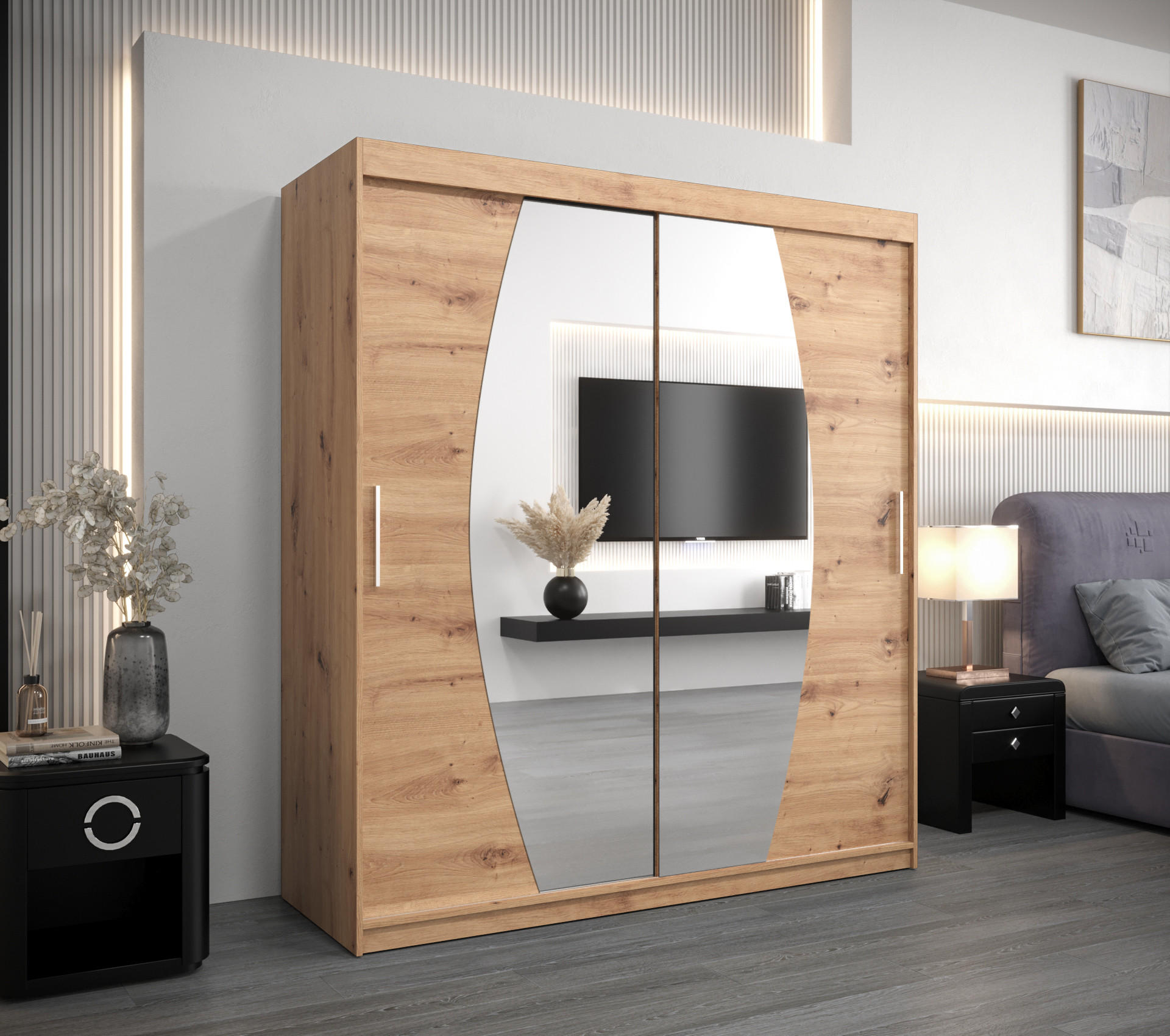 SCHWEBETÜRENSCHRANK 200/180/62 2-türig - Silberfarben/Eiche Artisan, Holz/Kunststoff (180/200/62cm) - Abiks Möbel