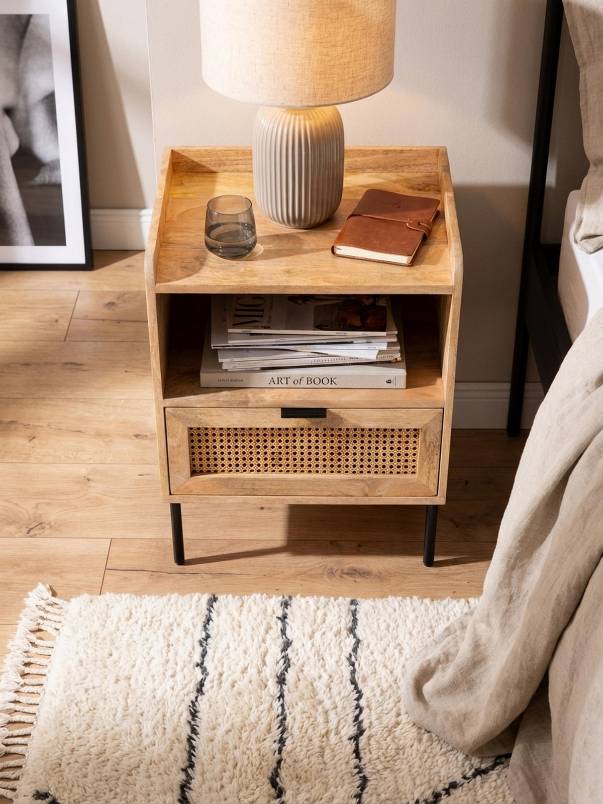 NACHTTISCH – Mango Massivholz/Rattan, 50x60x40 cm, 1 Schublade, Wiener Geflecht - Schwarz/Braun, Holz/Metall (50/60/40cm) - KADIMA DESIGN