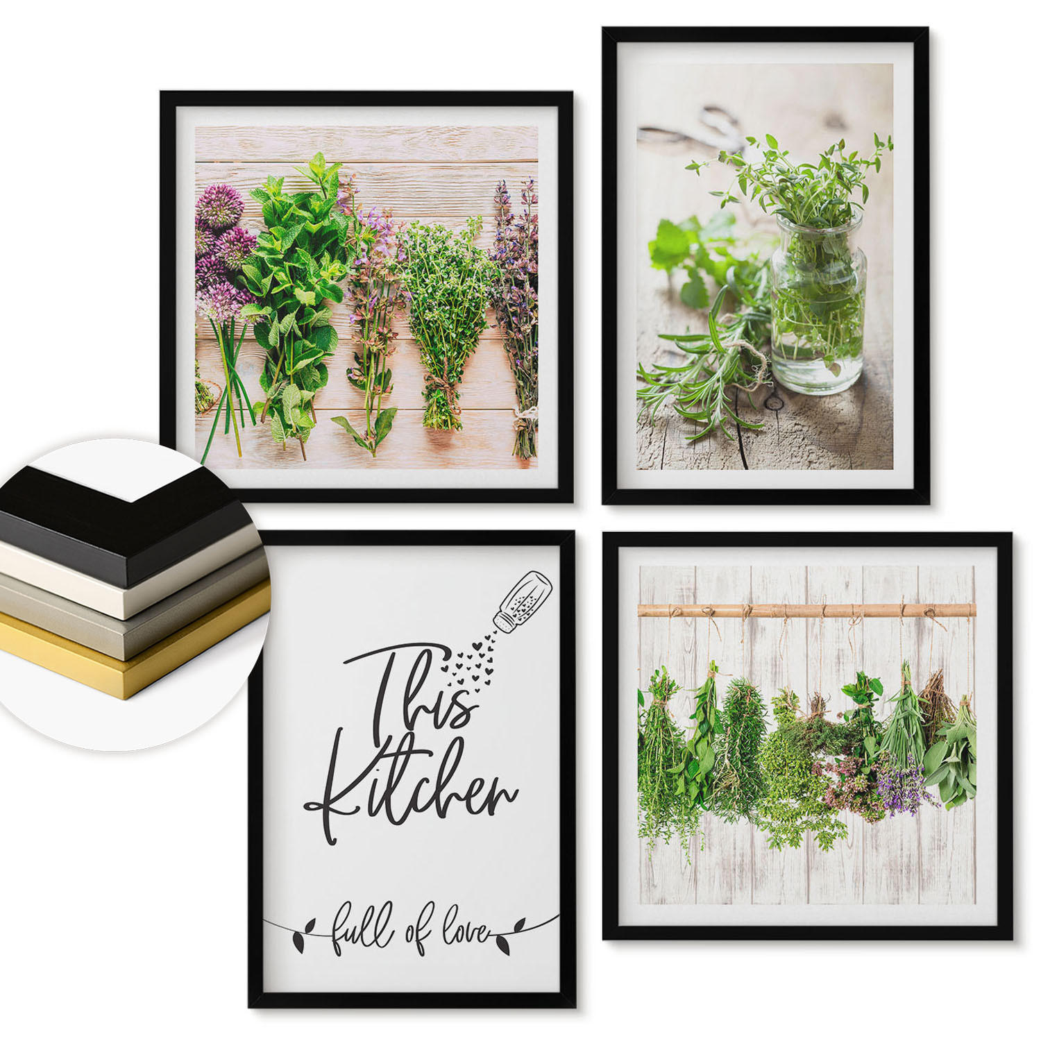 WANDBILDER 4er-Set - 50x50 cm & 40x60 cm Schwarzer Rahmen - Küchenthema: Getrocknete Kräuter - Schwarz, Kunststoff (50/50cm) - ArtPrintCave