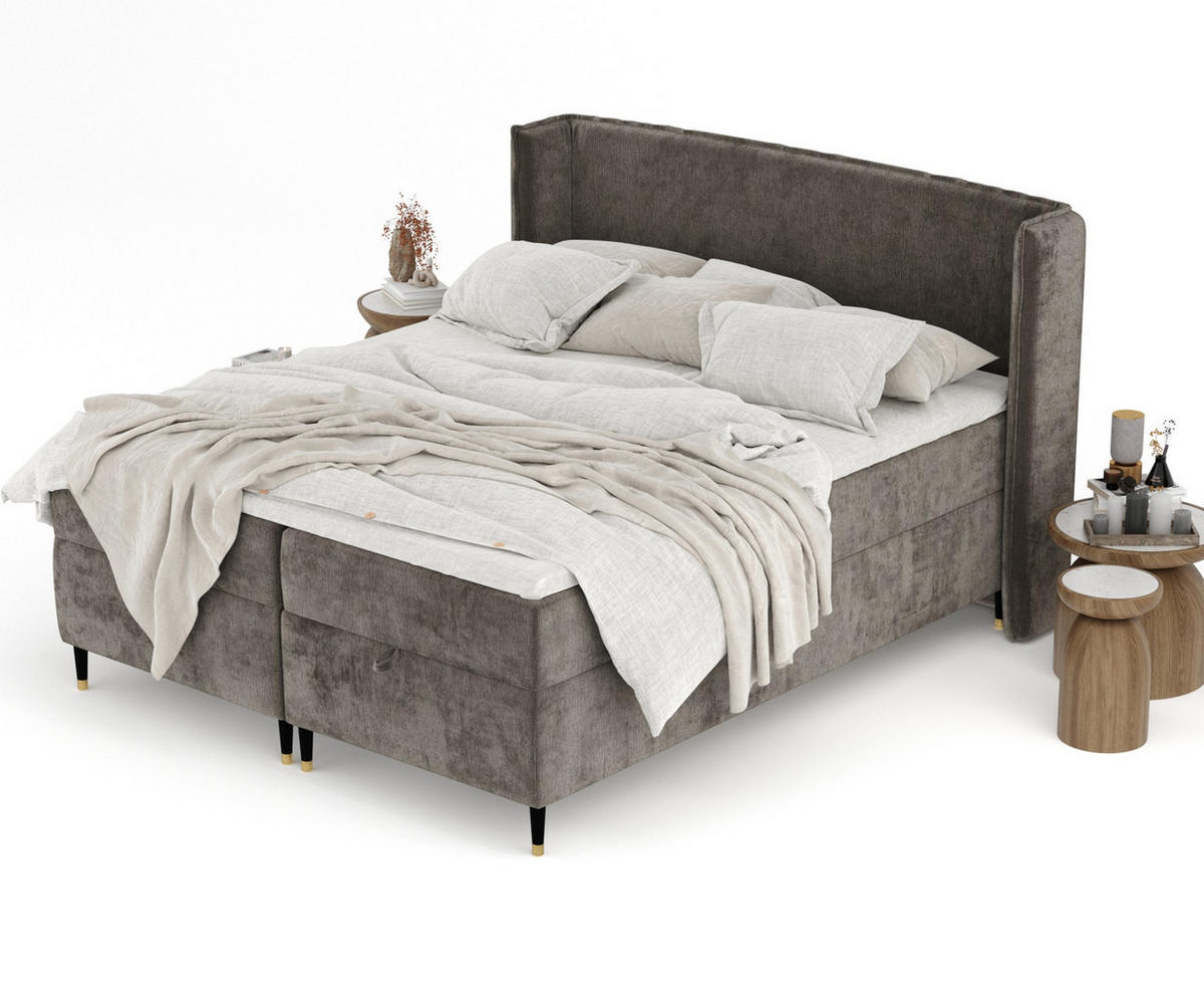BOXBETT Monpelli Dunkelbraun 160/200 cm mit Matratze und Topper - Dunkelbraun/Schwarz, Holz/Holzwerkstoff (160/200cm) - Maison de Reve