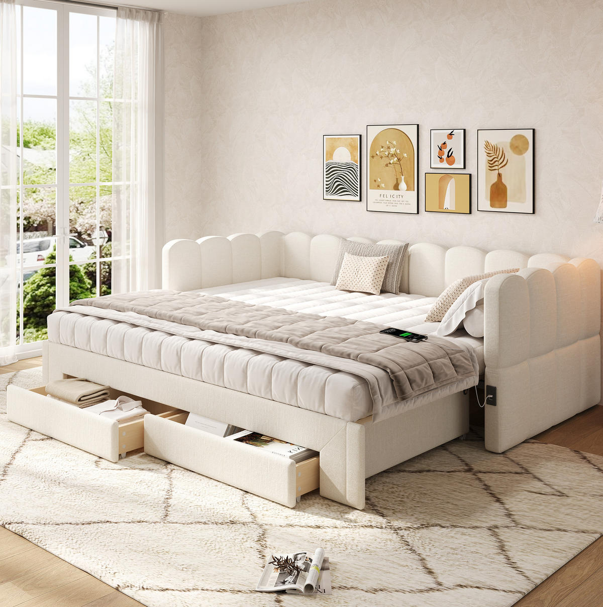 ROZKLÁDACÍ denní postel 90/200 cm béžová z lnu s USB a zásuvkami - bílá, textil (90/200cm) - OKWISH