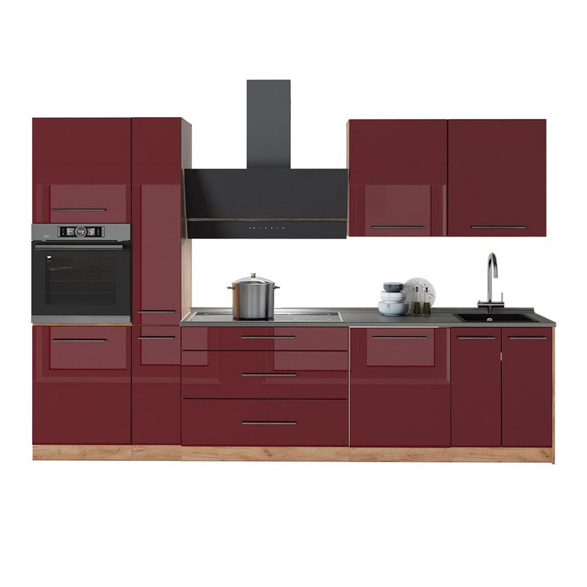KÜCHENZEILE Fame-Line, Bordeaux Hochglanz/Goldkraft Eiche, 310 cm ohne Arbeitsplatte - Honigeiche/Bordeaux, Holzwerkstoff (310/206.8/51.6cm) - Vicco