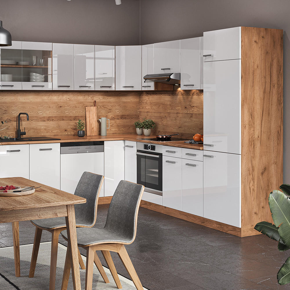 ECKKÜCHE R-Line Weiß Hochglanz/Goldkraft Eiche 227 x 287 cm ohne AP - Honigeiche/Weiß Hochglanz, Holzwerkstoff (287/81.6/46cm) - Vicco