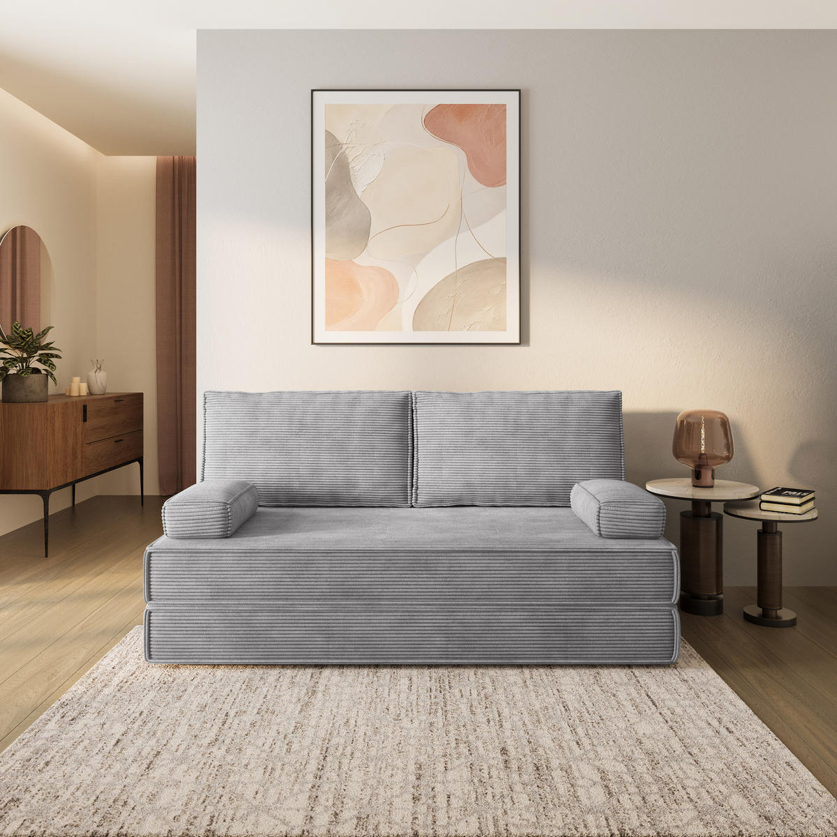 BETTSOFA SILAR aus Schaumstoff Cordstoff Hellgrau Schlaffunktion - Hellgrau, Textil (170/86/80cm) - MASSENO