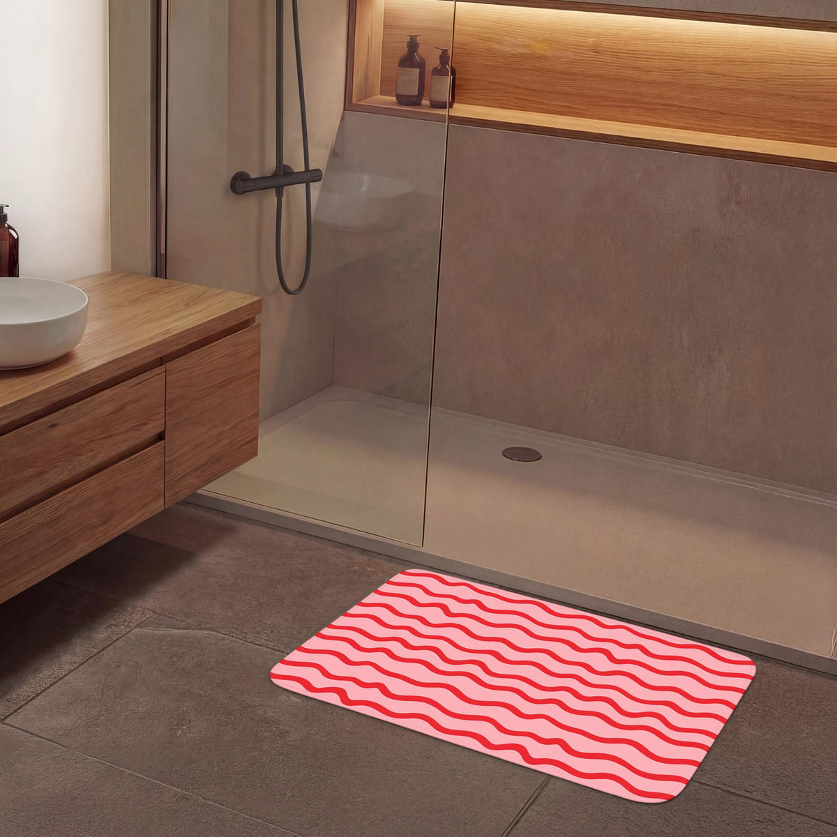 KÚPEĽŇOVÁ PREDLOŽKA Hravé - vzor - červená 90x60 cm - ružová, textil/plast (90/60cm) - OnlyWow