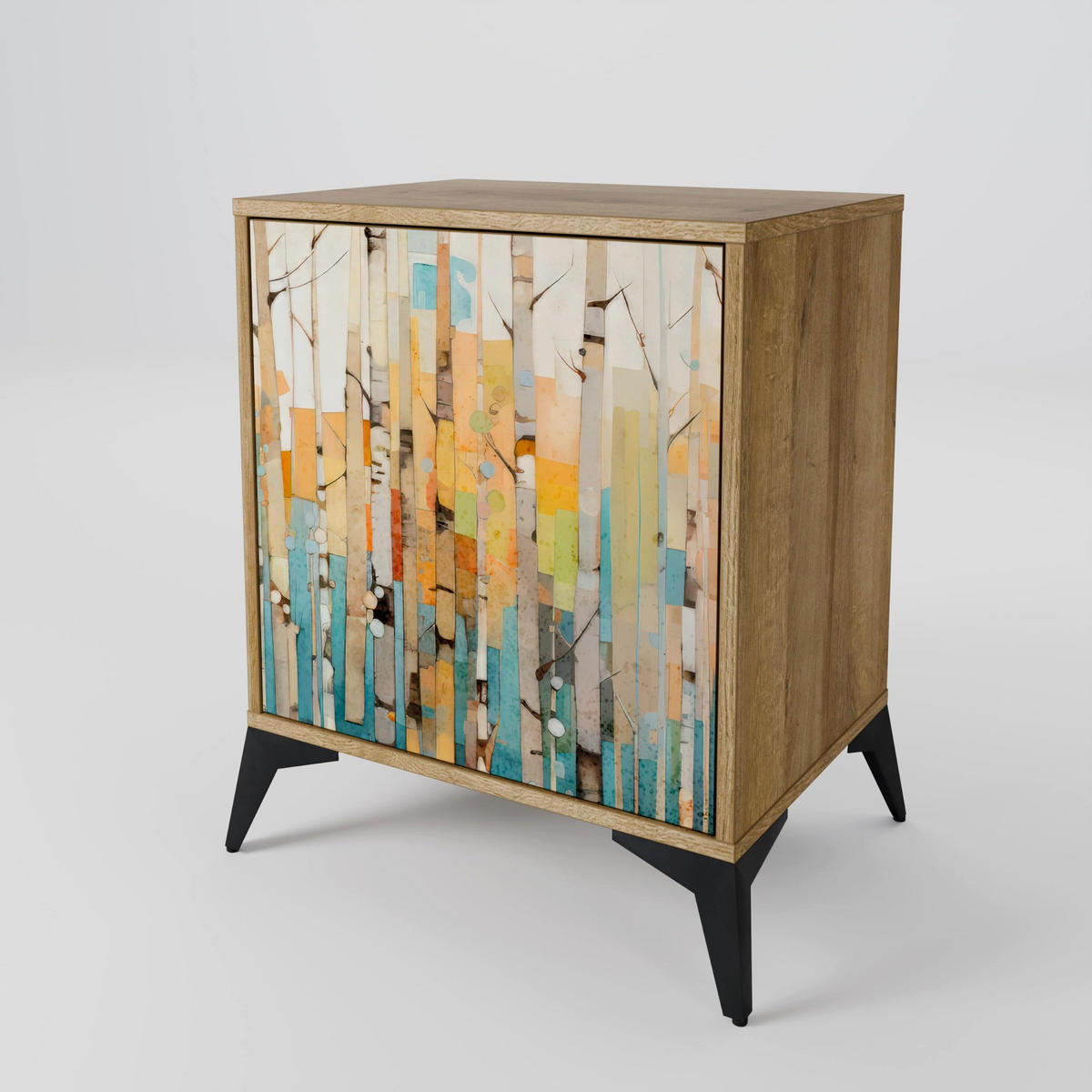 SIDEBOARD BIRCH KALEIDOSCOPE, Eichefarben, 57,5x42x72,5 cm, Schwarze Metallfüße - Eichefarben/Multicolor, Holzwerkstoff/Metall (57.5/72.5/42cm) - SpaceRebels