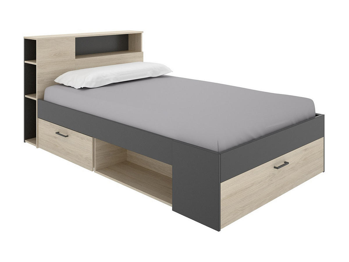 BETT mit Kopfteil, Stauraum & Schubladen - 120 x 190 cm - Holzfarben & Anthrazit + Lattenrost + Matratze - LEANDRE - Anthrazit, Holz (129.6/217.3cm) - Vente-Unique