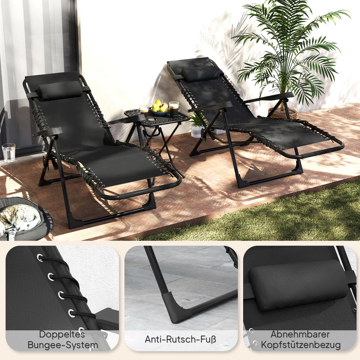 GARTENLIEGE-SET 90/65/110 cm schwarz aus Metall klappbar mit Tisch - Schwarz, Metall (65/110/90cm) - OKWISH