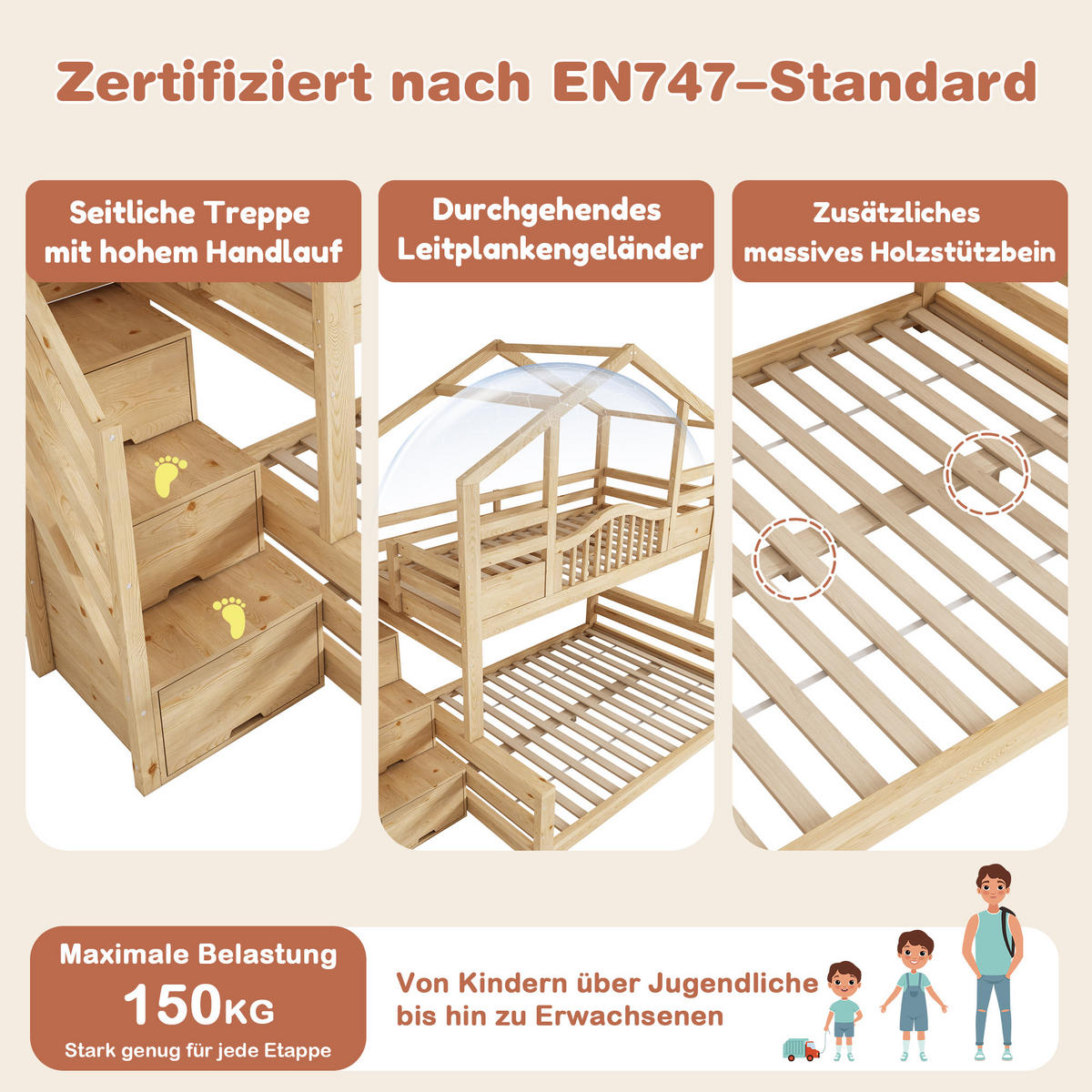 ETAGENBETT 90/200 cm & 140/200 cm in Beige & Natur mit Treppenschrank und Regalen - Eichefarben, Holz/Holzwerkstoff (90/200cm) - WISHDOR