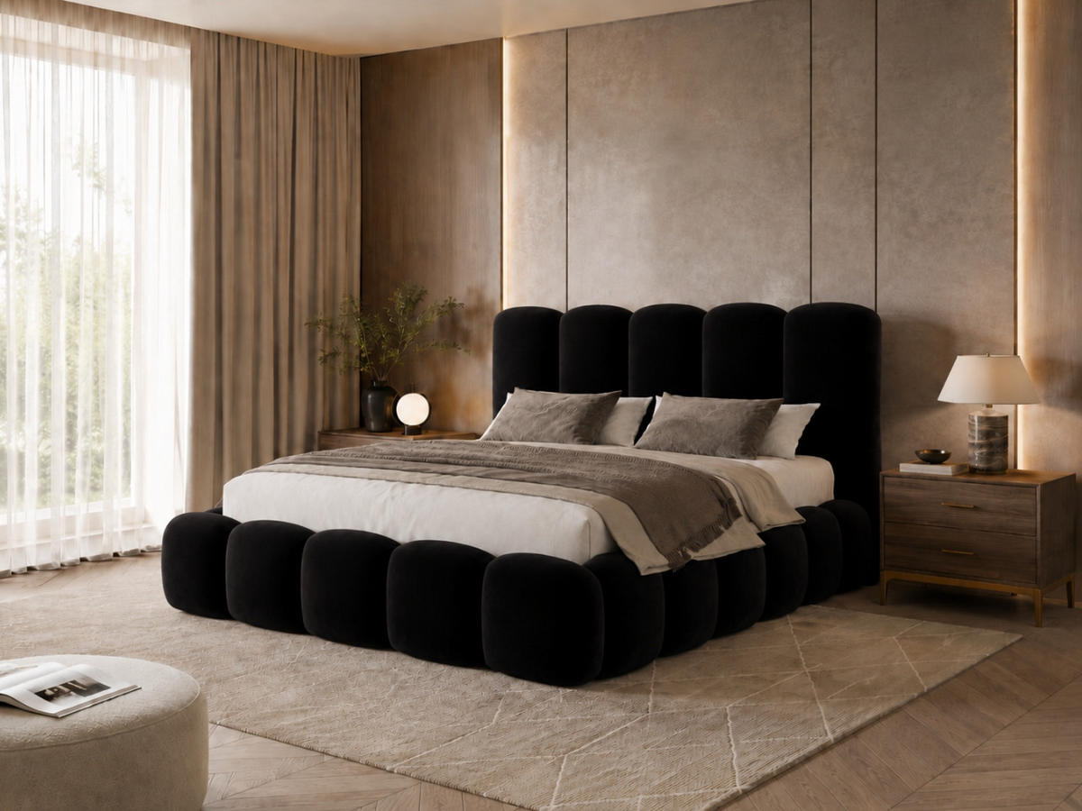 POLSTERBETT TEDDY 120x200 cm in Schwarz, gepolstertes Kopfteil, Lattenrost, Bettkasten, Velvet-Stoff - Schwarz, Holz/Textil (120/200cm) - EMLAR Home