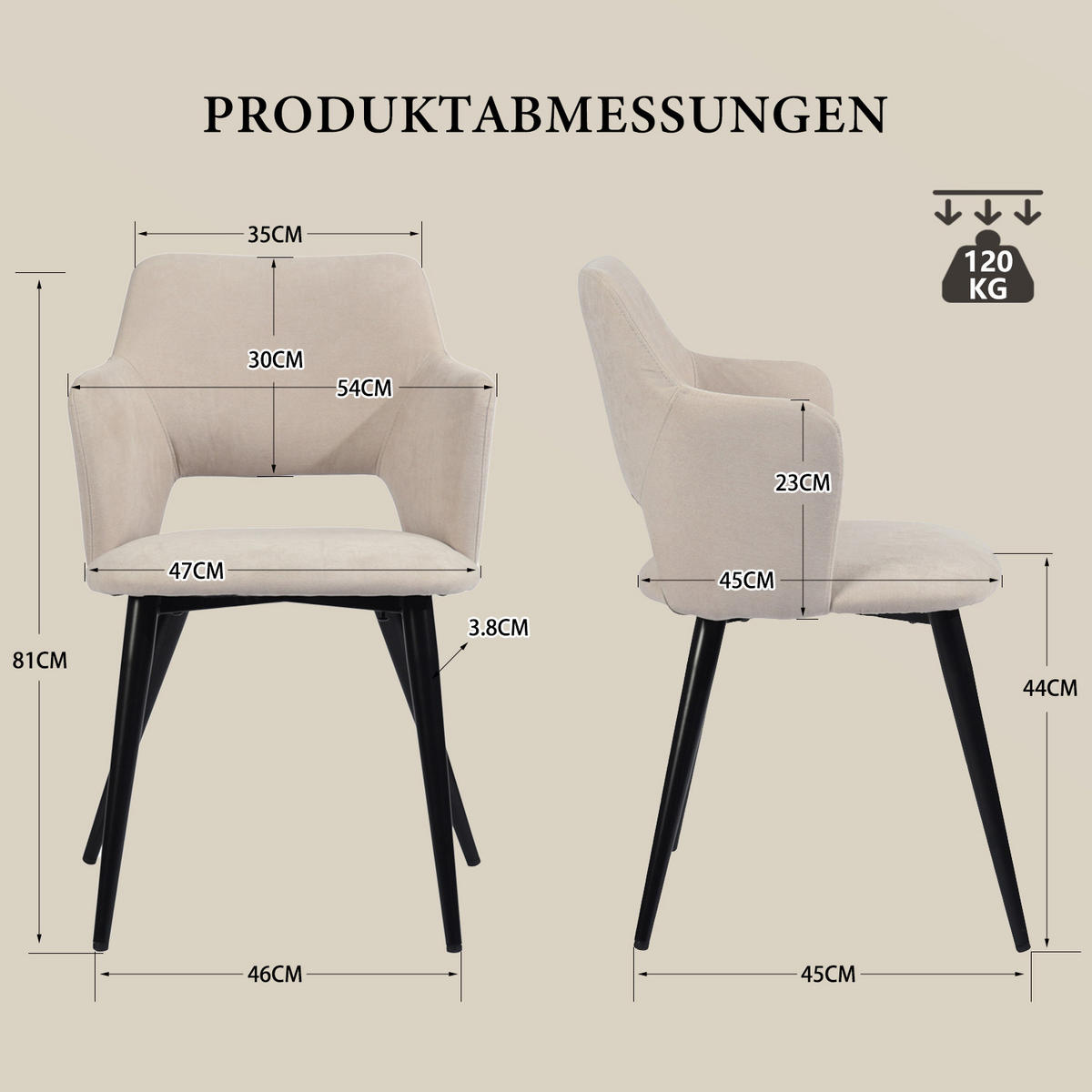 ESSZIMMERSTÜHLE 4er-Set, Skandinavisches Design, mit Armlehnen und gepolsterter Sitzfläche, Stoffbezug, Beige - Beige, Textil/Metall (46/81/45cm) - Meubles Cosy