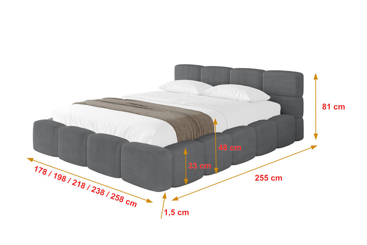 POLSTERBETT mit Bettkasten und Lattenrost, Bett mit Matratze H3/H4, Kopfteil, Boxbett, Doppelbett mit Stauraum - NATA-v1 200x200 Dunkelgrau - Chromfarben, Holzwerkstoff/Textil (200/200cm) - ALTDECOR