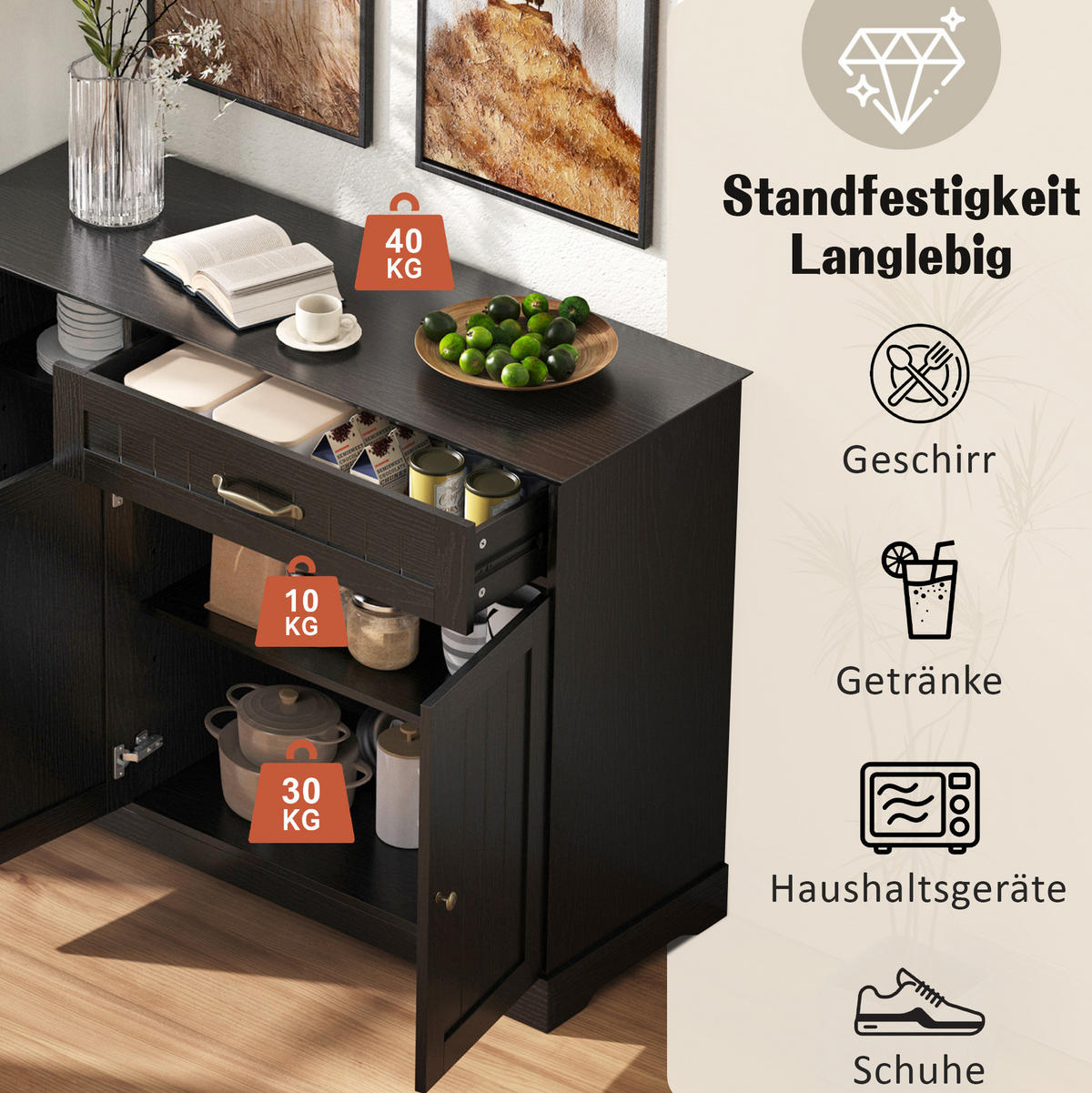 SIDEBOARD z MDF černý, 3 dvířka a zásuvka s nastavitelnými policemi - černá, kompozitní dřevo (107/83.4/40cm) - Modenvie