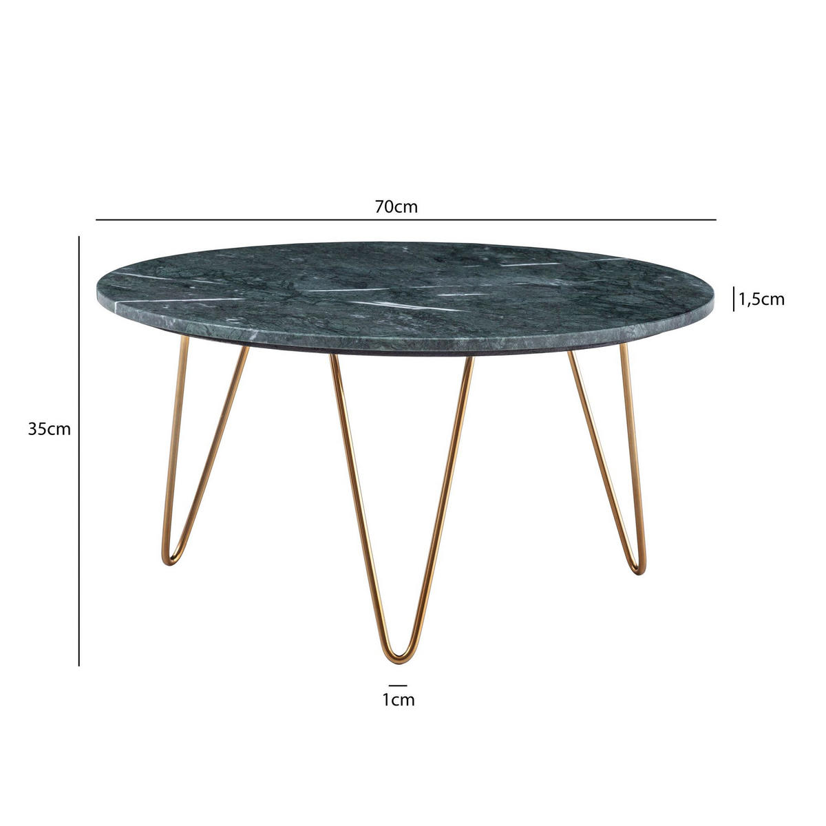 COUCHTISCH Grün Marmor Dreibein Design 70x70x35 cm, Rund Modern Gold Metall - Goldfarben/Grün, Metall (70/70/35cm) - KADIMA DESIGN